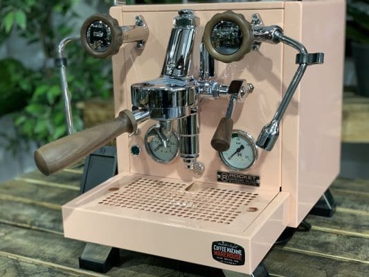 Rocket R58 Style 1 Group Kit Walnut A Complete espresso machine with wooden handles and polished chrome features.