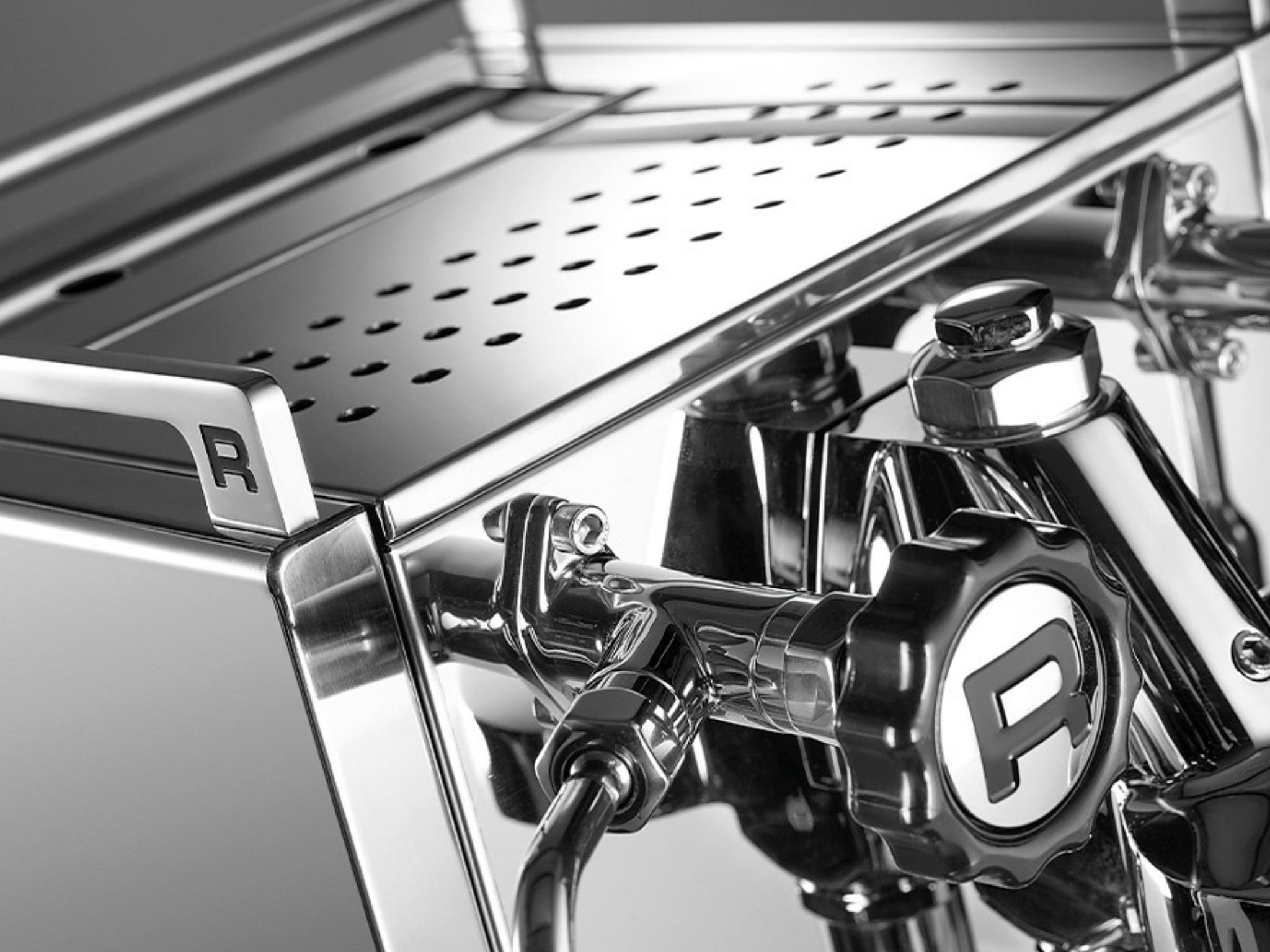 Rocket Cinquantotto R58 1 Group Coffee Machine Stainless - New close-up from above showing the stainless steel top cup holder and Rocket-branded rotary steam and hot water taps, highlighting polished finish and premium details.