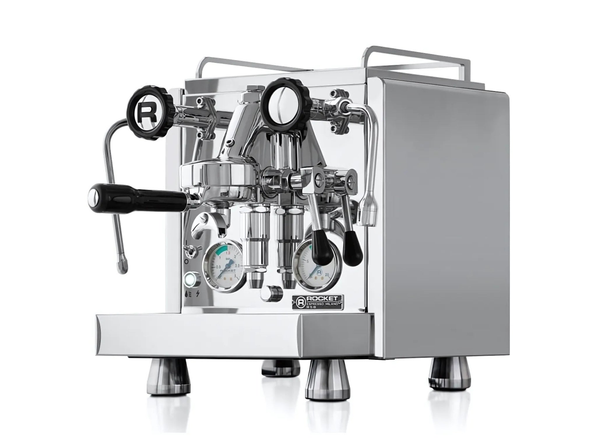 Rocket Cinquantotto R58 1 Group Coffee Machine Stainless - New angled view showing the E61 group head, cool touch steam wand, lever controls, and polished stainless steel body on a clean white background.