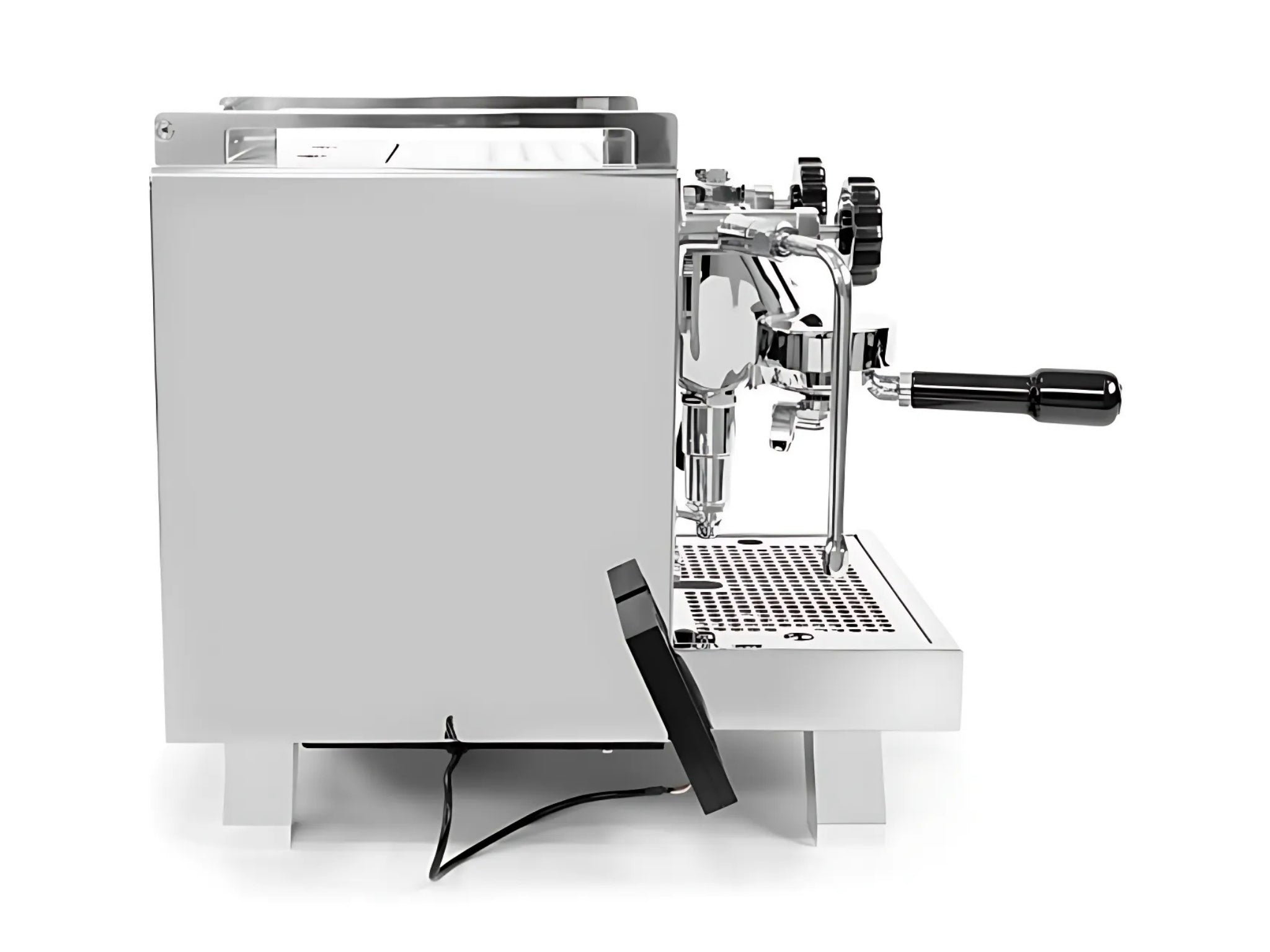 Rocket Cinquantotto R58 1 Group Coffee Machine Stainless - New side profile showing the steam wand, lever activation, and cup tray in stainless steel against a clean white background.