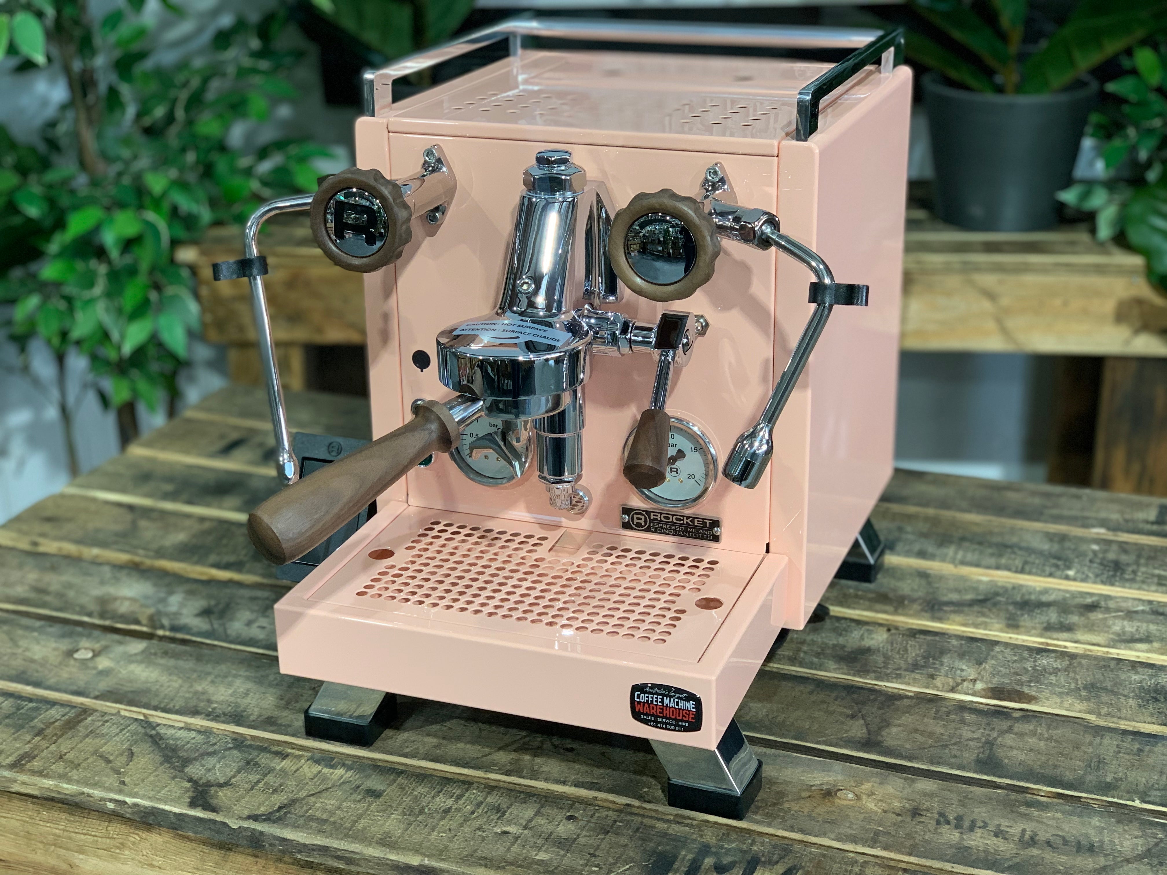 Rocket Cinquantotto R58 1 Group Coffee Machine - New in pink finish on wooden table.