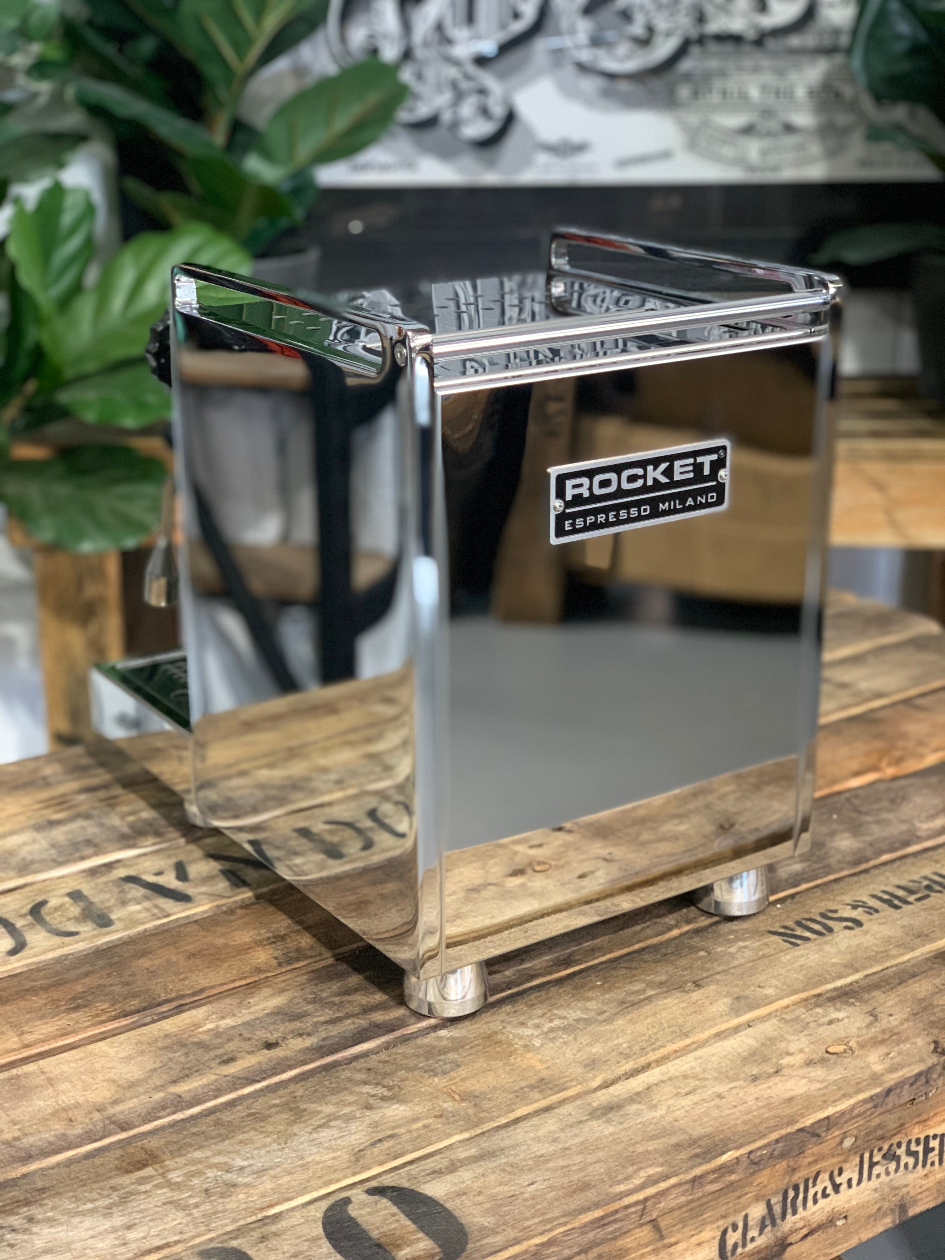 Rocket Mozzafiato Cronometro V 1 Group Coffee Machine - New stainless steel design on wooden surface.