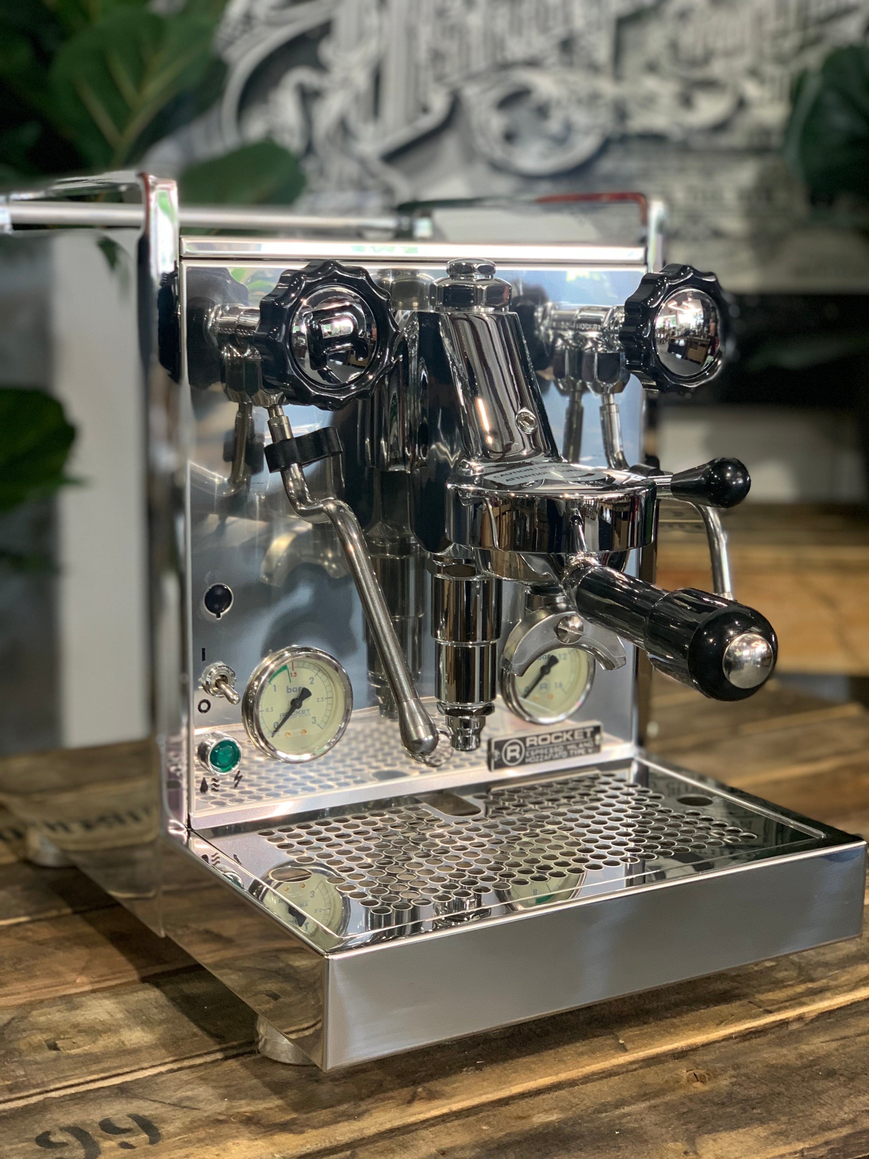 Rocket Mozzafiato Cronometro V 1 Group Coffee Machine - New on a wooden surface.