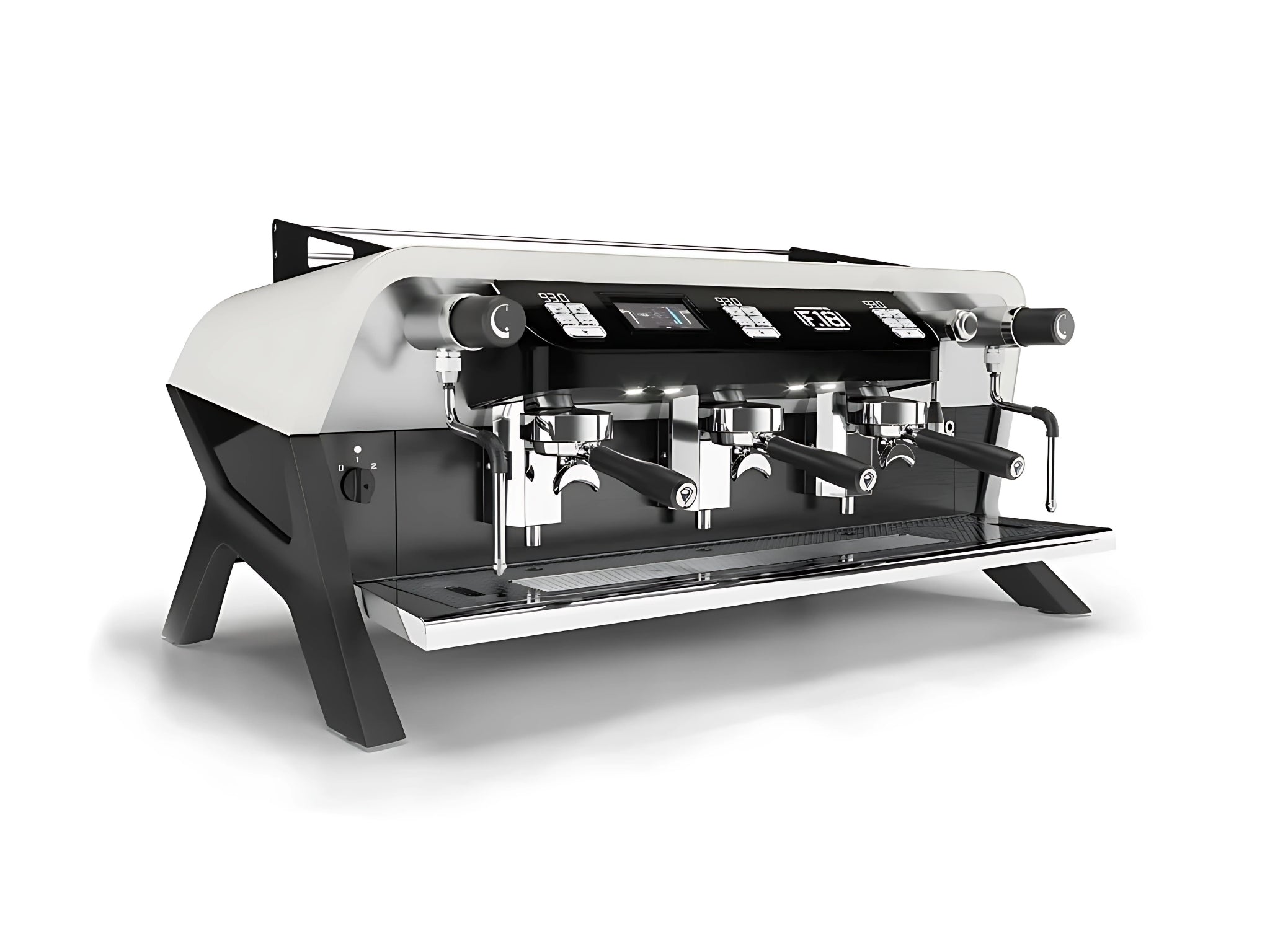 A brand new San Remo F18 3 Group Coffee Machine with Matte White panels & Black legs n a white background. The machine is photographed on an angle and the front and side of the machine is visible.