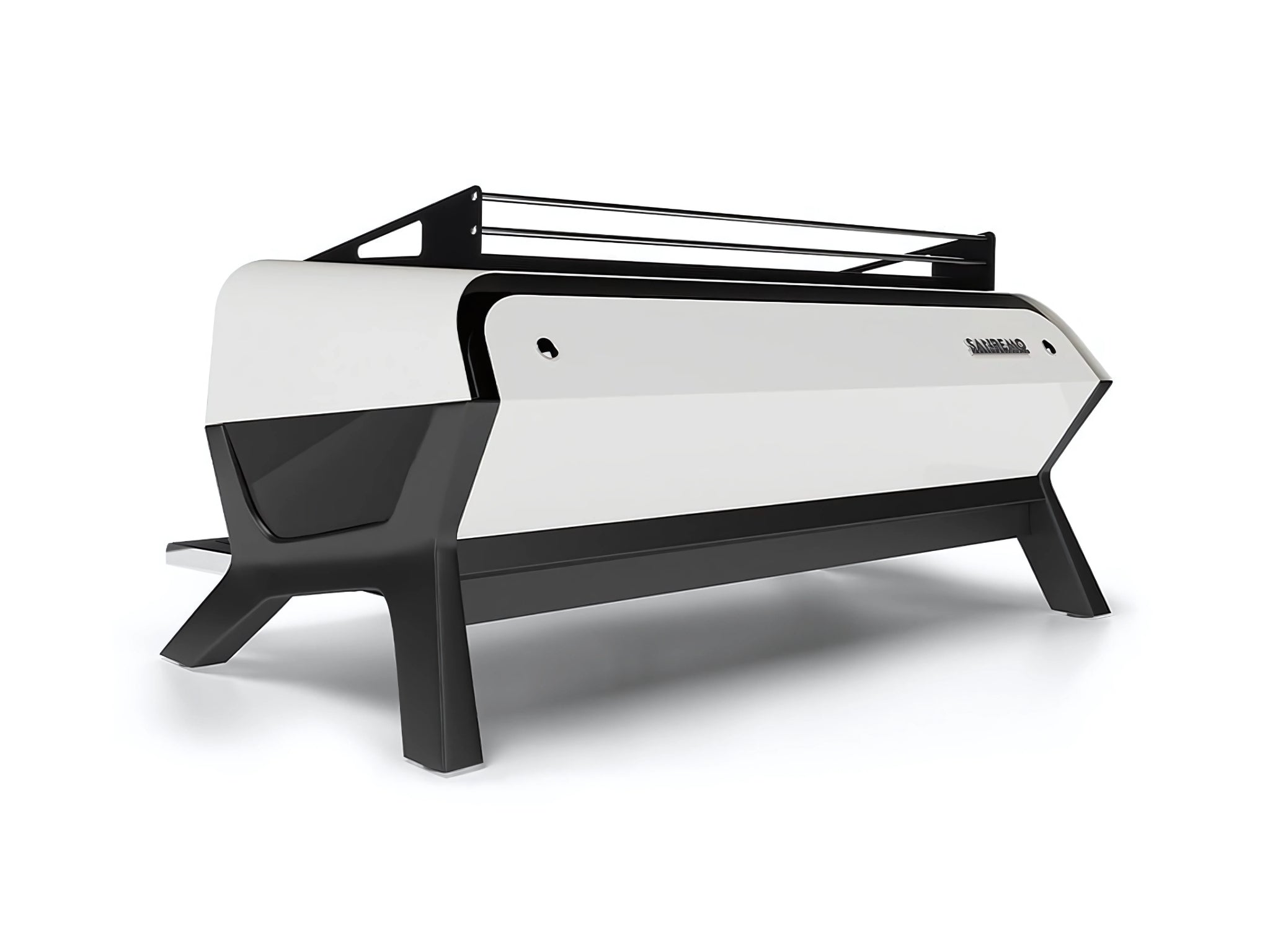 A brand new San Remo F18 3 Group Coffee Machine with Matte White panels & Black legs on a white background. The machine is photographed from behind the machine and the back and side of the machine is visible.