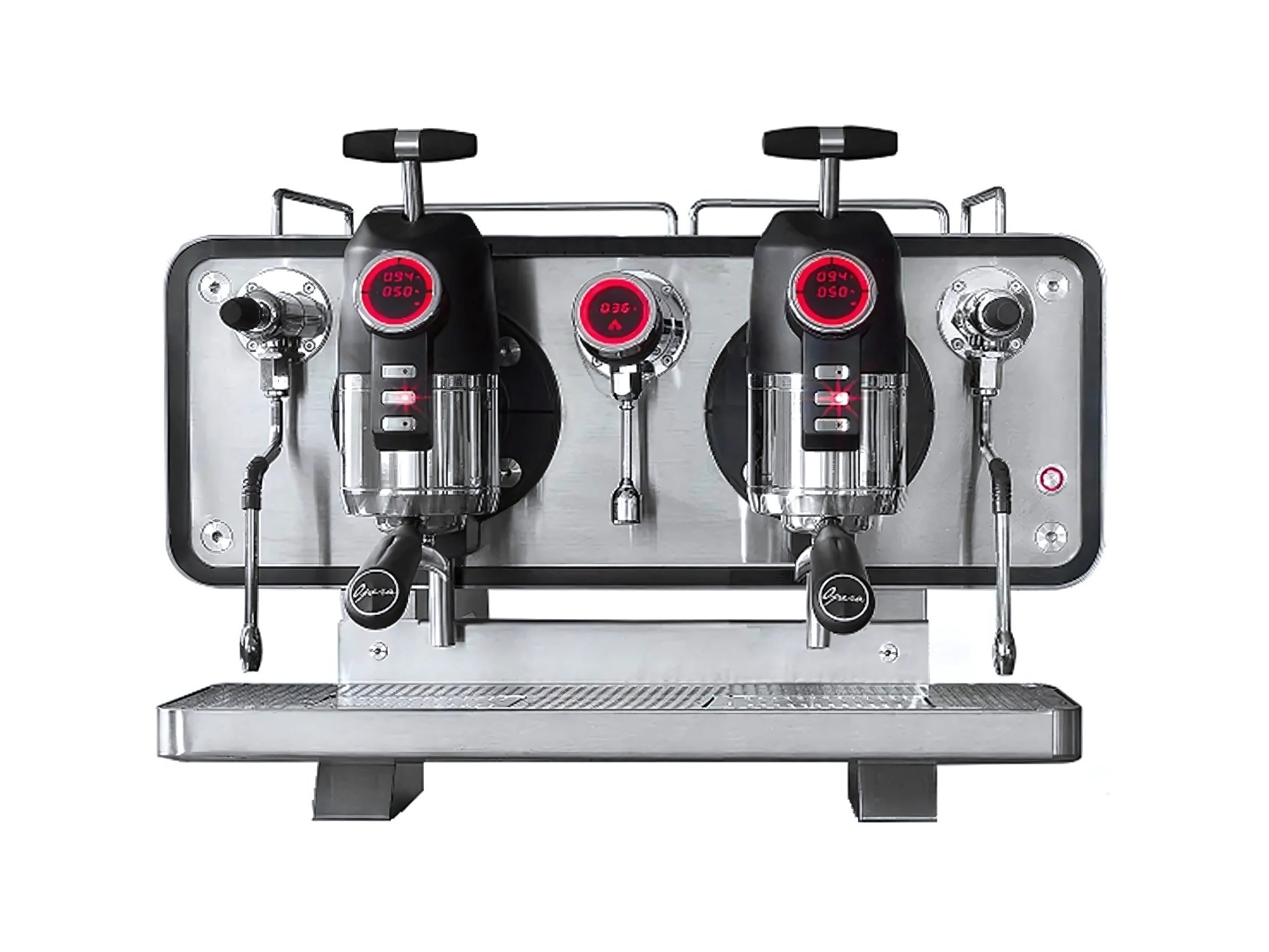 A brand new San Remo Opera 2 Group Coffee Machine with Stainless finish on a white background. The machine is photographed front making the controls and group heads visible.