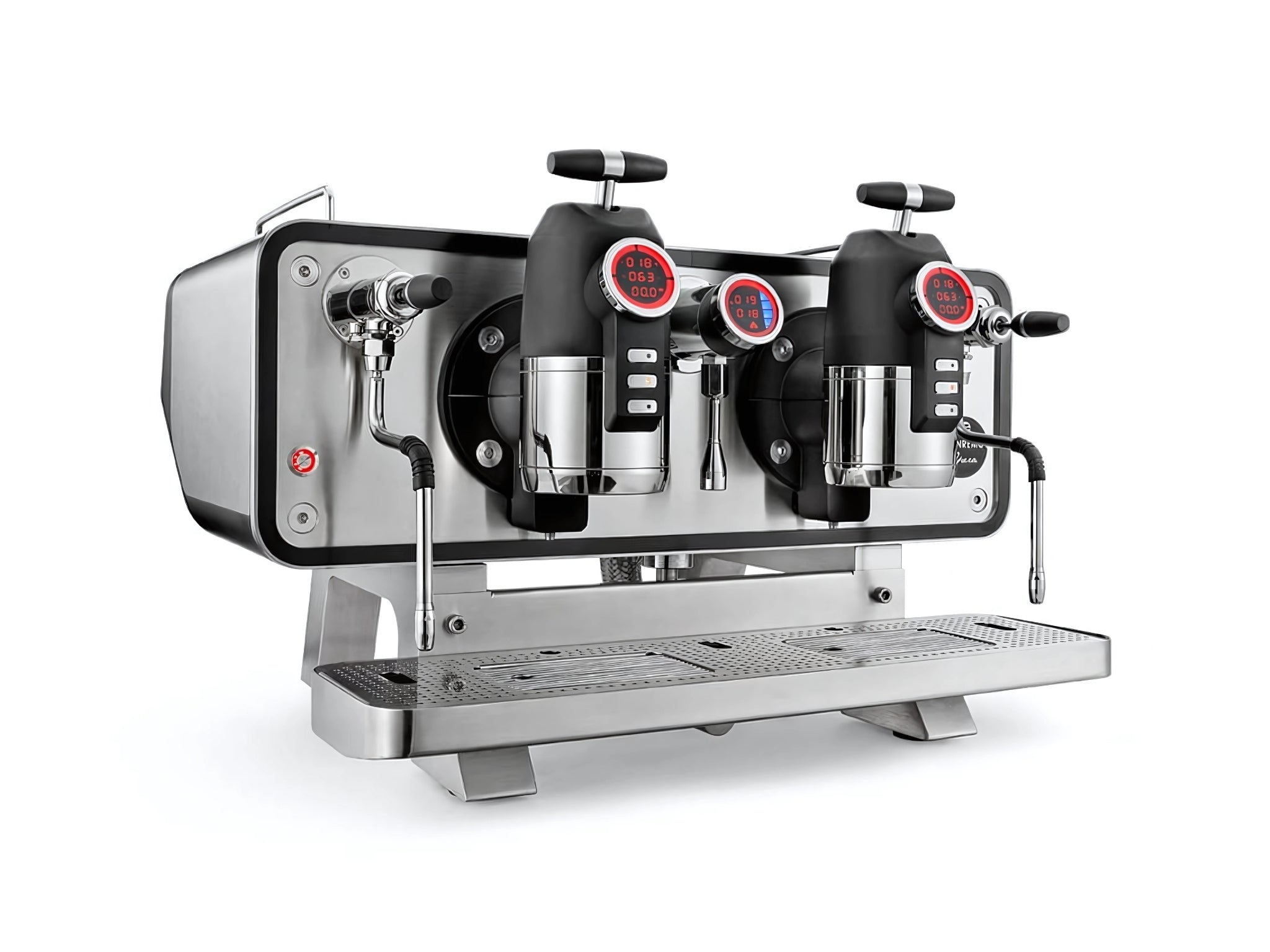 A brand new San Remo Opera 2 Group Coffee Machine with Stainless finish on a white background. The machine is photographed on an angle and the front and side of the machine is visible.