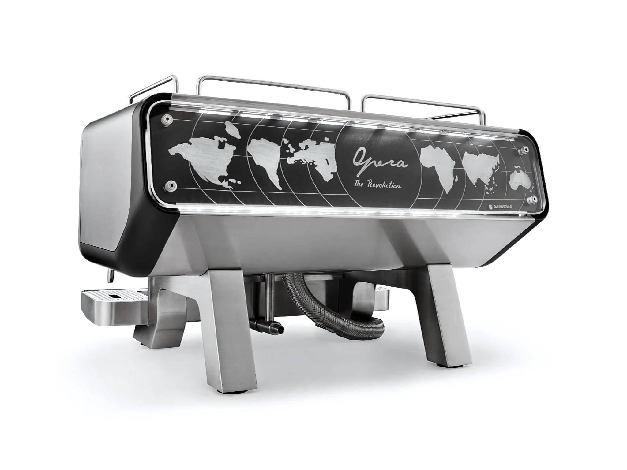 A brand new San Remo Opera 2 Group Coffee Machine with Stainless finish on a white background. The machine is photographed from behind the machine and the back and side of the machine is visible.