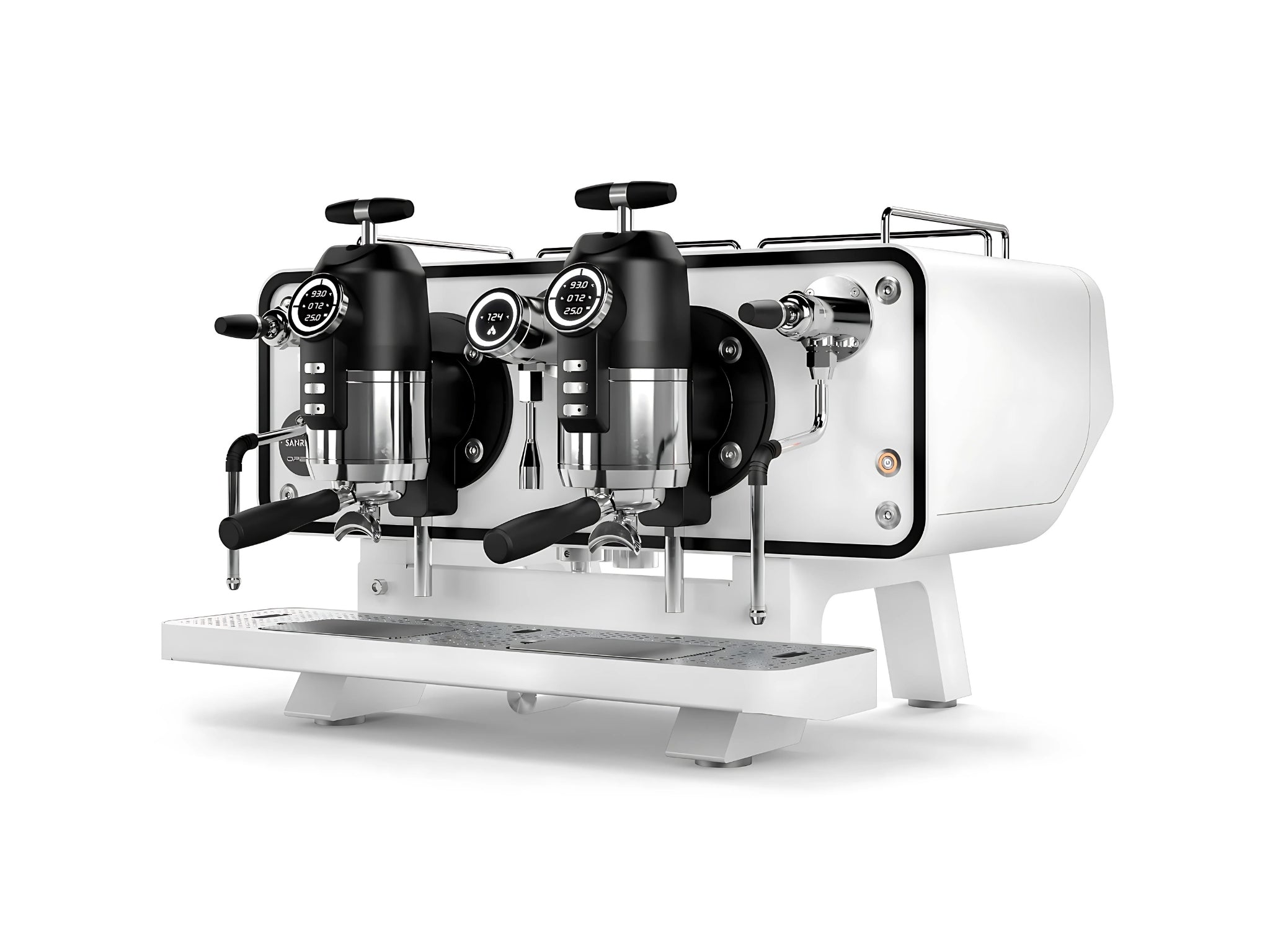 A brand new San Remo Opera 2 Group Espresso Coffee Machine with a white finish on a white background. The machine is photographed on an angle and the front and side of the machine is visible.