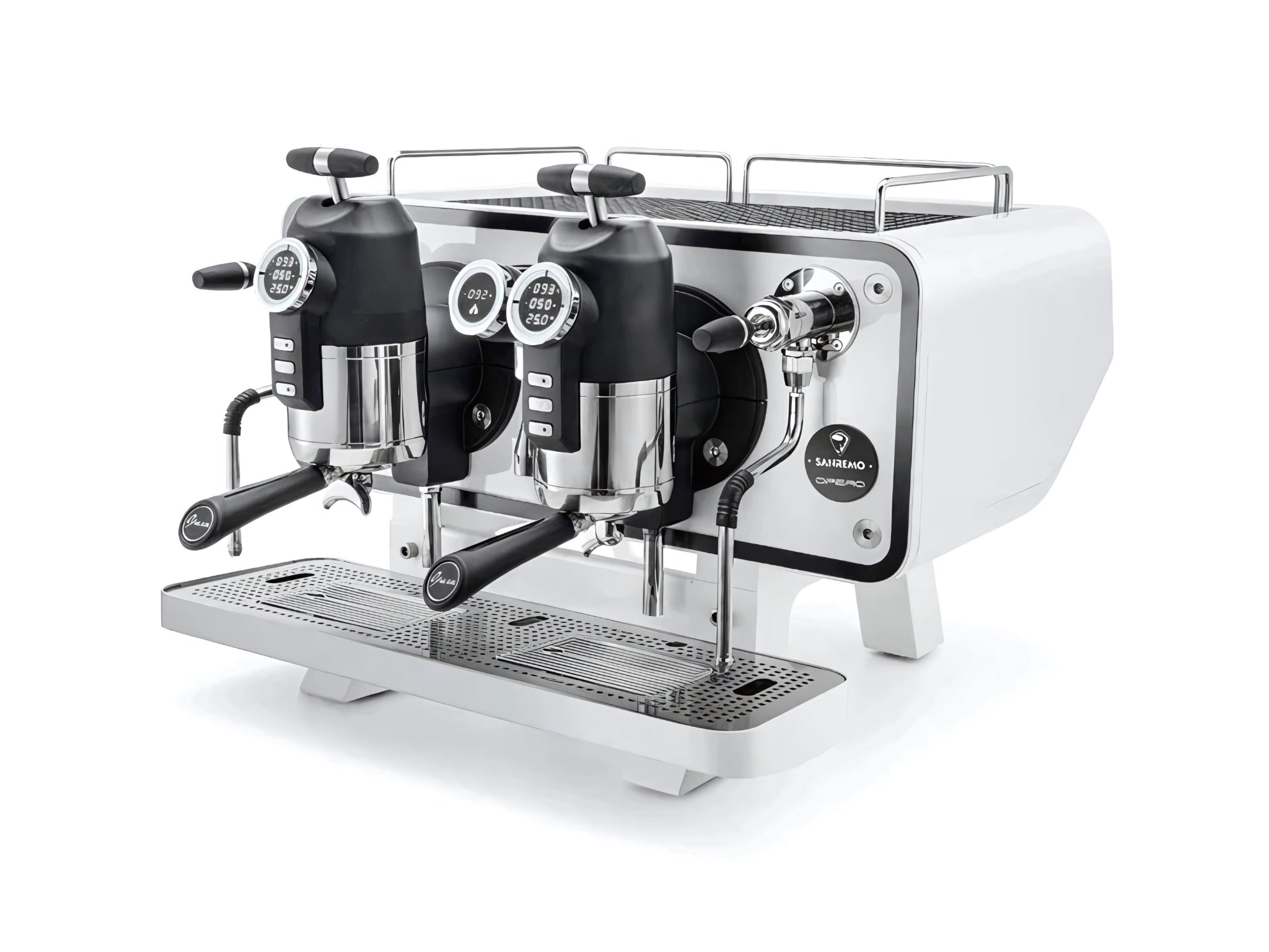 A brand new San Remo Opera 2 Group Espresso Coffee Machine with a white finish on a white background. The machine is photographed on an angle and the front and side of the machine is visible.