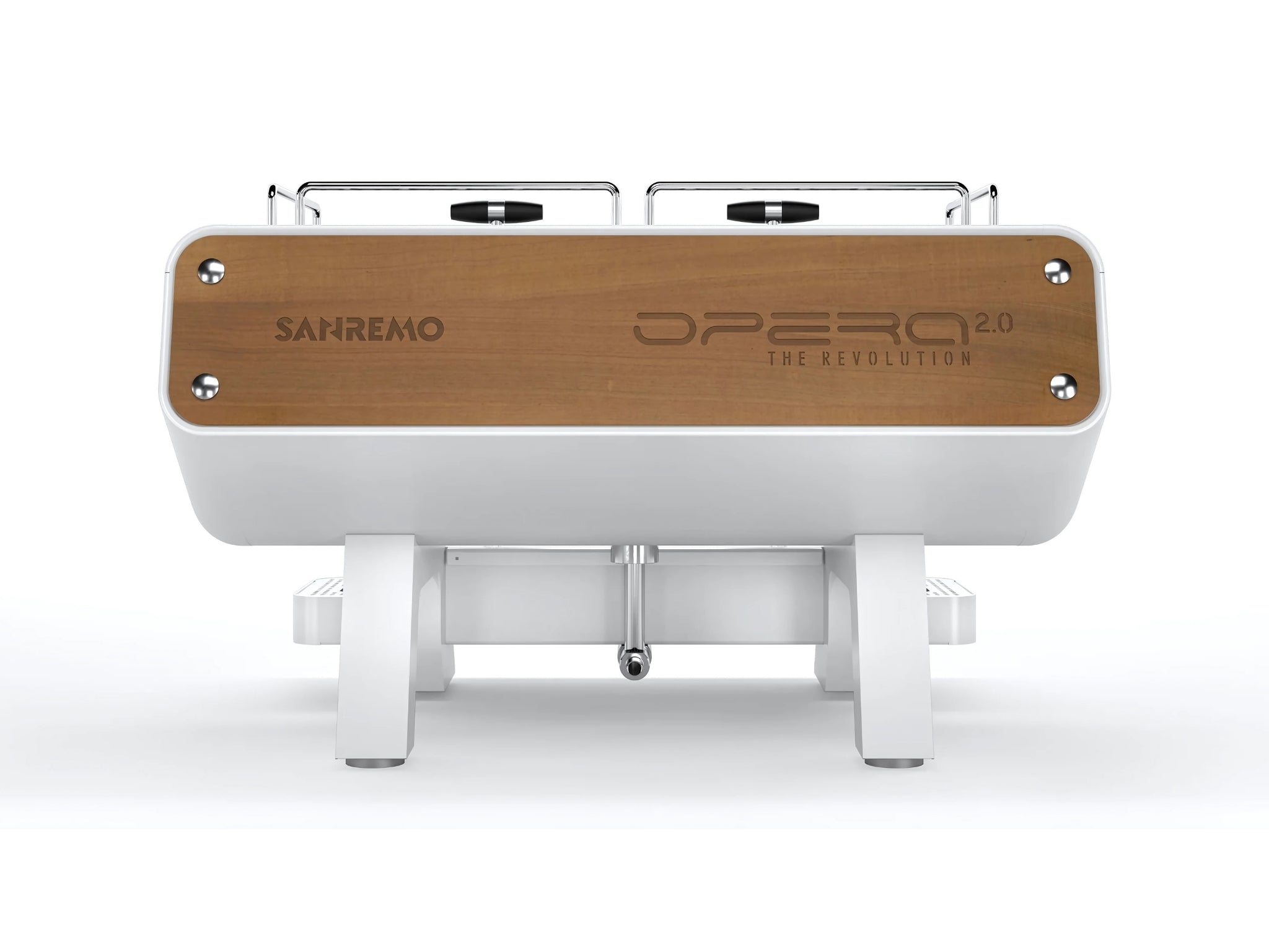 A brand new San Remo Opera 2 Group Espresso Coffee Machine with a white finish on a white background. The machine is photographed from behind, the back panel of the machine is visible with the logo. The back panel has a wood finish with the logos indented into the wood.