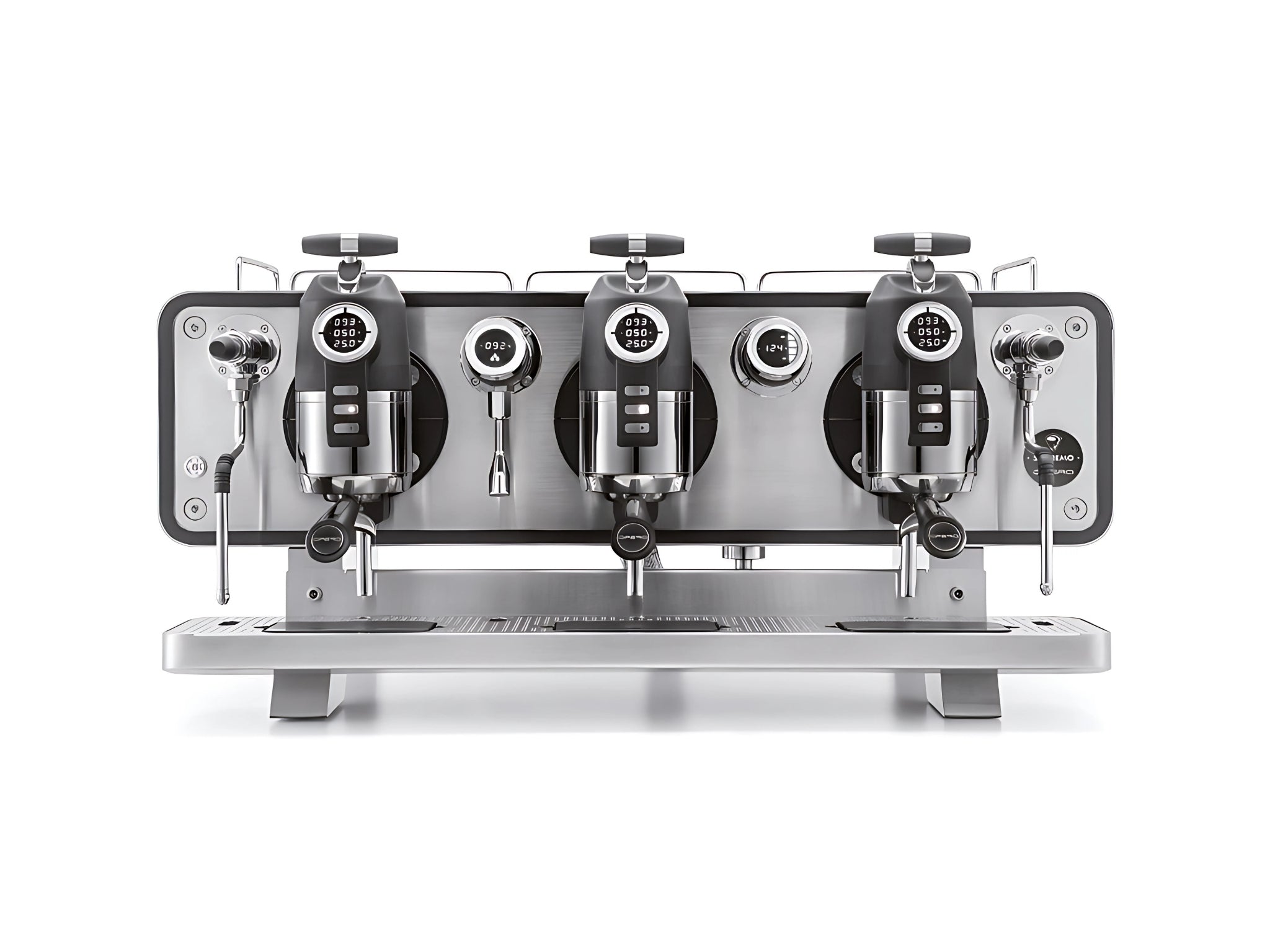 A brand new San Remo Opera 3 Group Espresso Coffee Machine with a Stainless finish on a white background. The machine is photographed front making the controls and group heads visible.