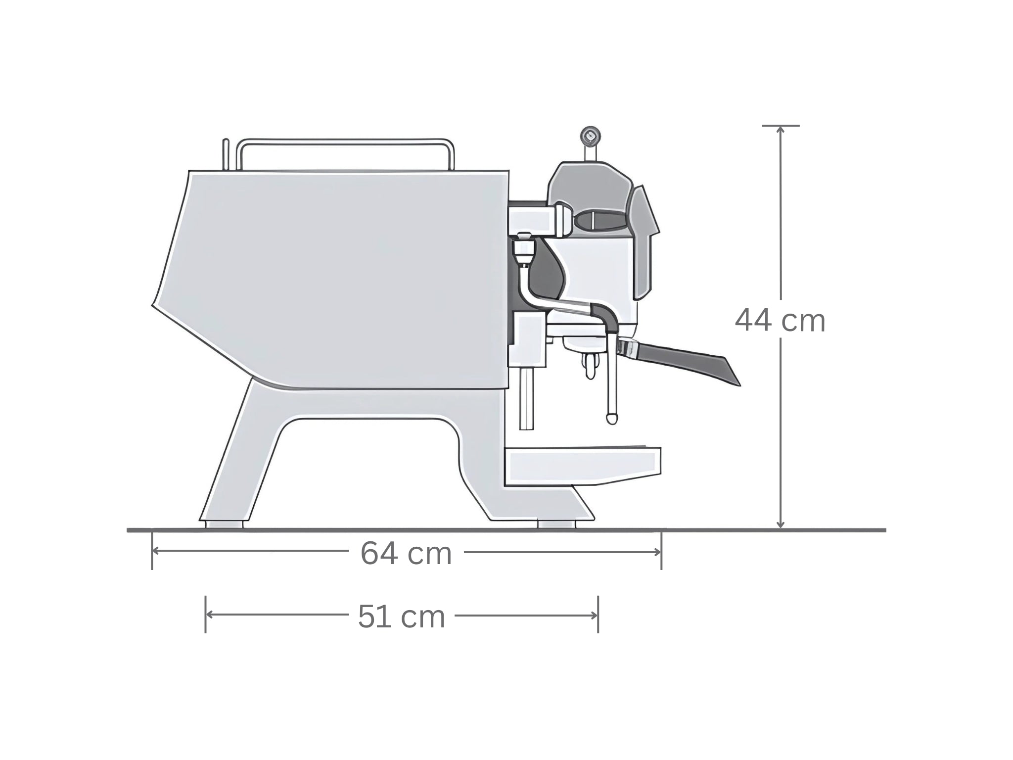 Digital render of the San Remo Opera 3 Group Coffee Machine viewed from the side of the machine. The measurements of the machine is listed in cms.