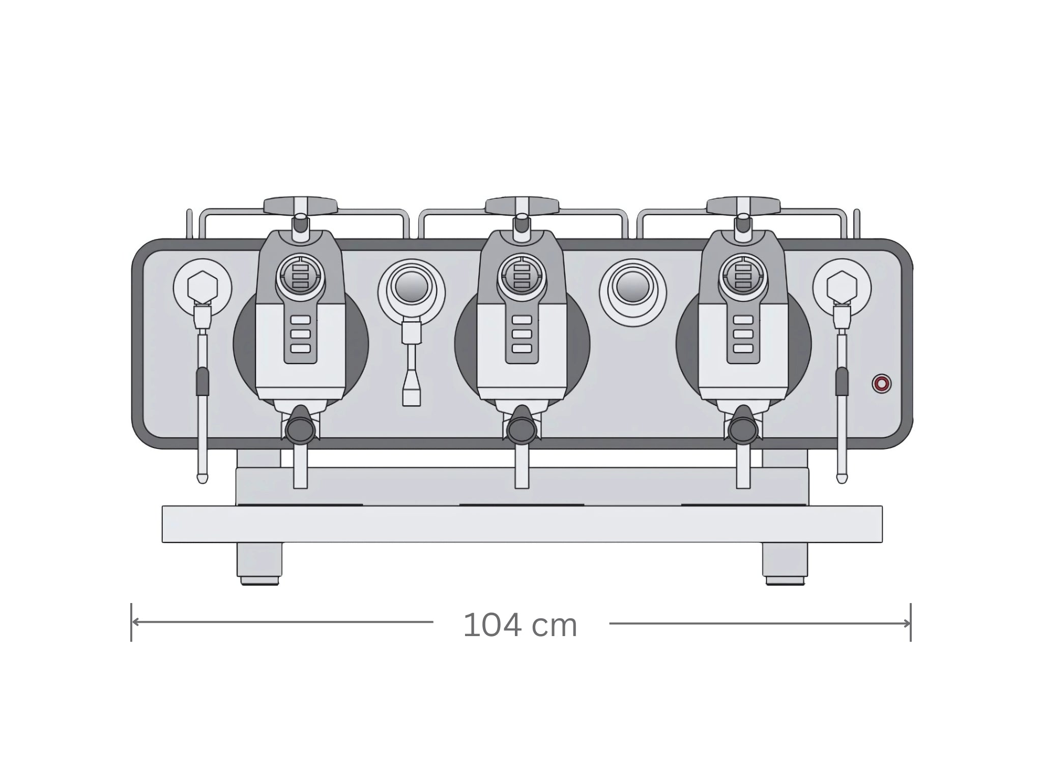 Digital render of the San Remo Opera 3 Group Espresso Coffee Machine viewed from the front with measurements in cm.