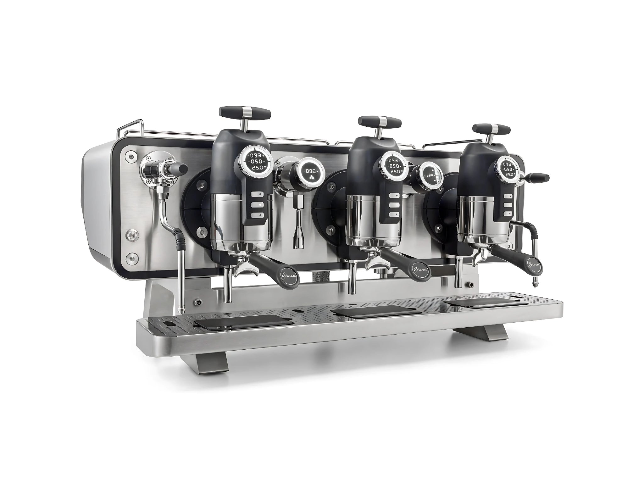 A brand new San Remo Opera 3 Group Espresso Coffee Machine with a Stainless finish on a white background. The machine is photographed on an angle and the front and side of the machine is visible.