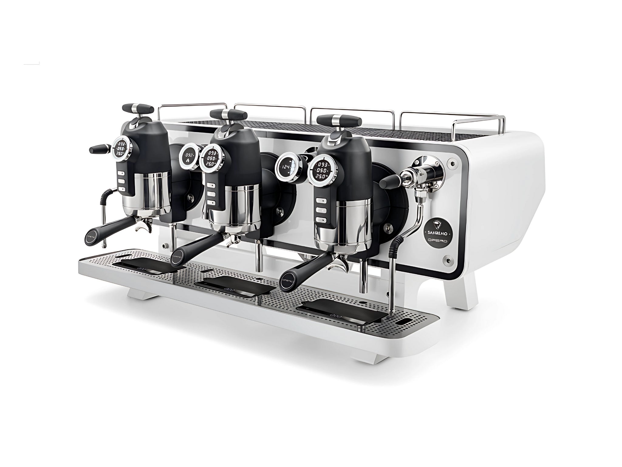 A new San Remo Opera 3 Group Coffee Espresso Machine with White finish on a white background. The machine is photographed on an angle facing the right the front and side of the machine is visible.