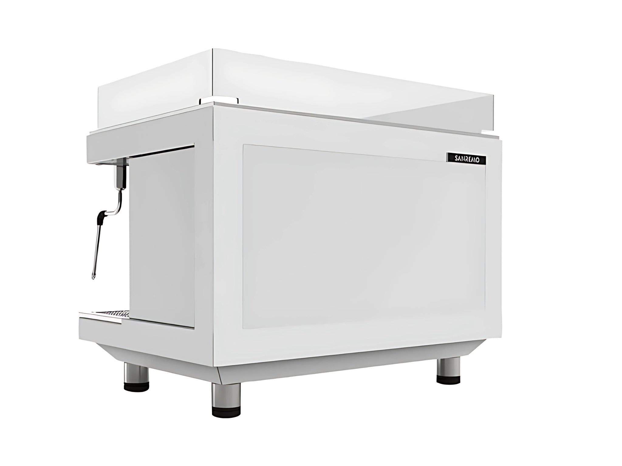 A new San Remo Zoe Competition Low Cup 2 Group in White on a white background. The machine is photographed from behind the machine and the back and side of the machine is visible.