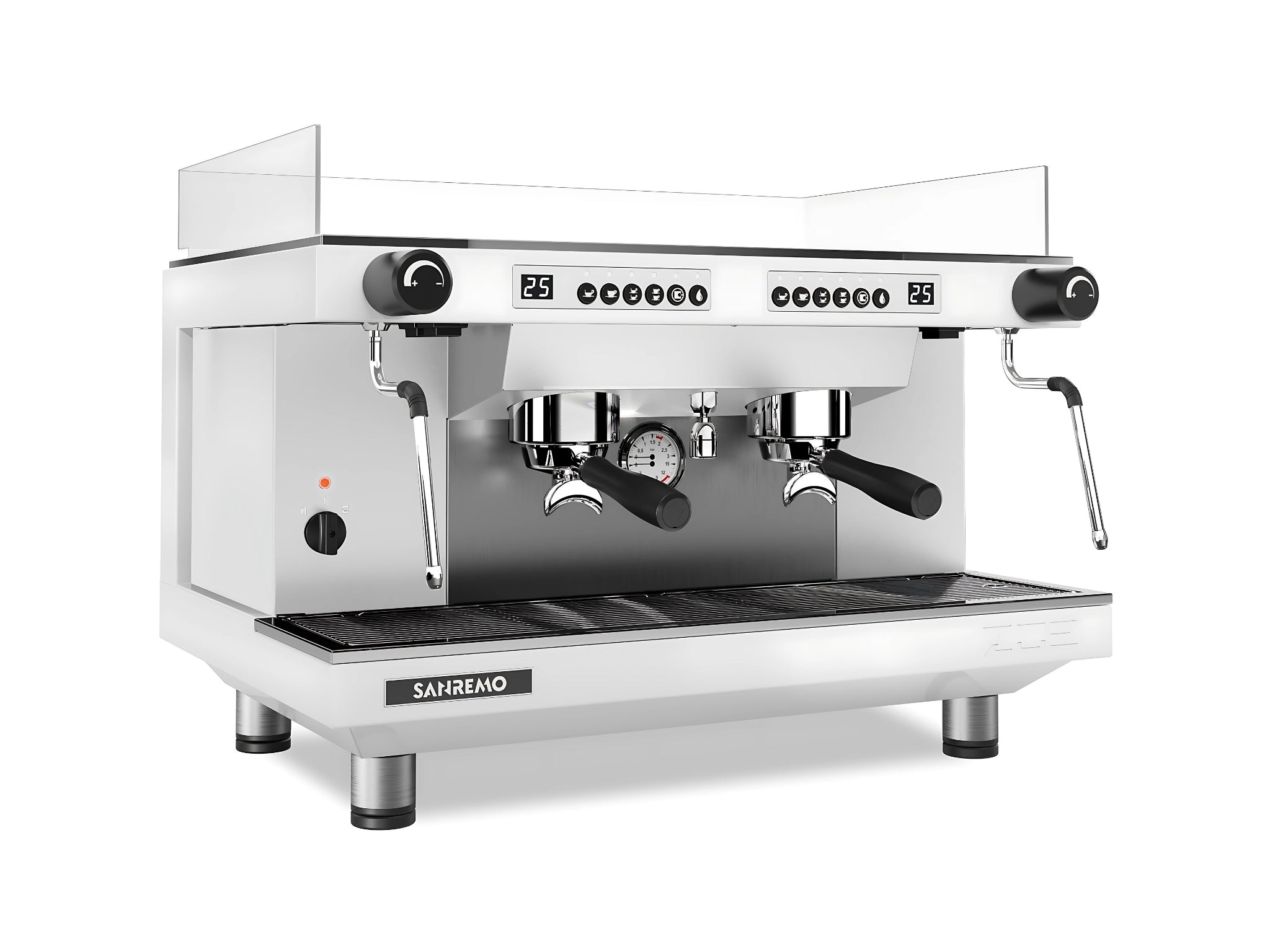 A new San Remo Zoe Competition Low Cup 2 Group in White on a white background. The machine is photographed on an angle facing the right the front and side of the machine is visible.