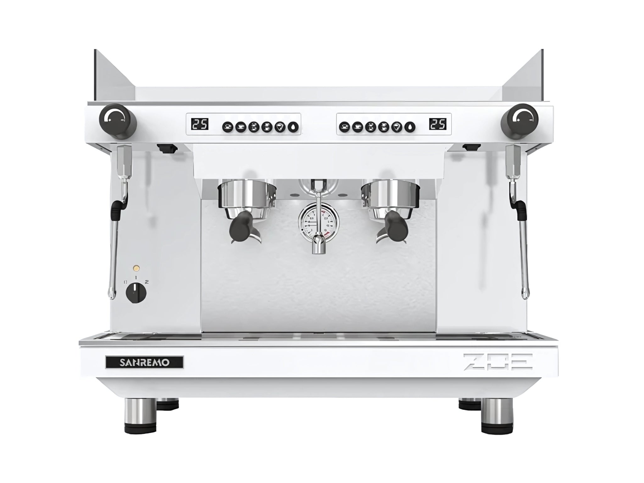 A new San Remo Zoe Competition Tall 2 Group Coffee Machine in White on a white background. The machine is photographed front making the controls and group heads visible.