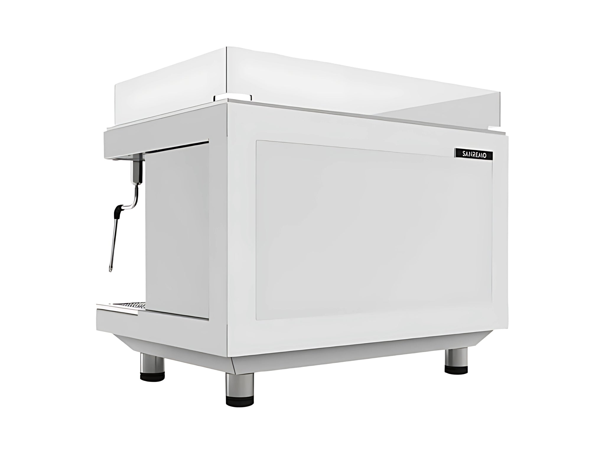 A new San Remo Zoe Competition Tall 2 Group Coffee Machine in White. The machine is photographed from behind the machine and the back and side of the machine is visible.