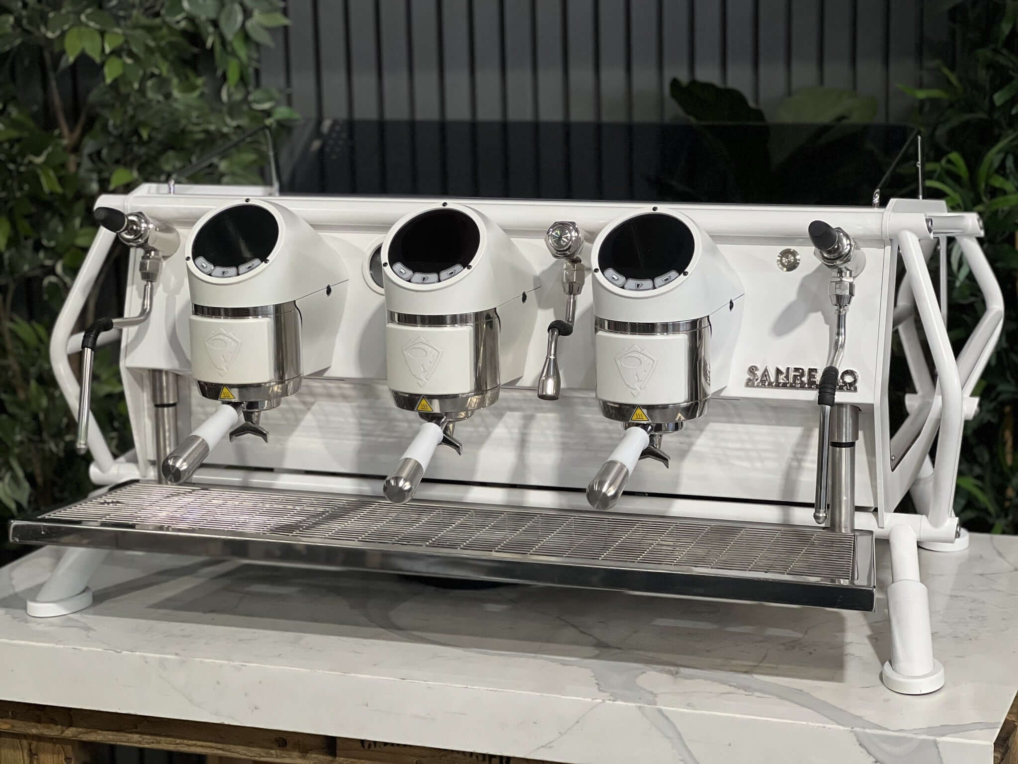 San Remo Cafe Racer 3 Group White /Naked Coffee Machine w/ White & Silver Pesado Handles
