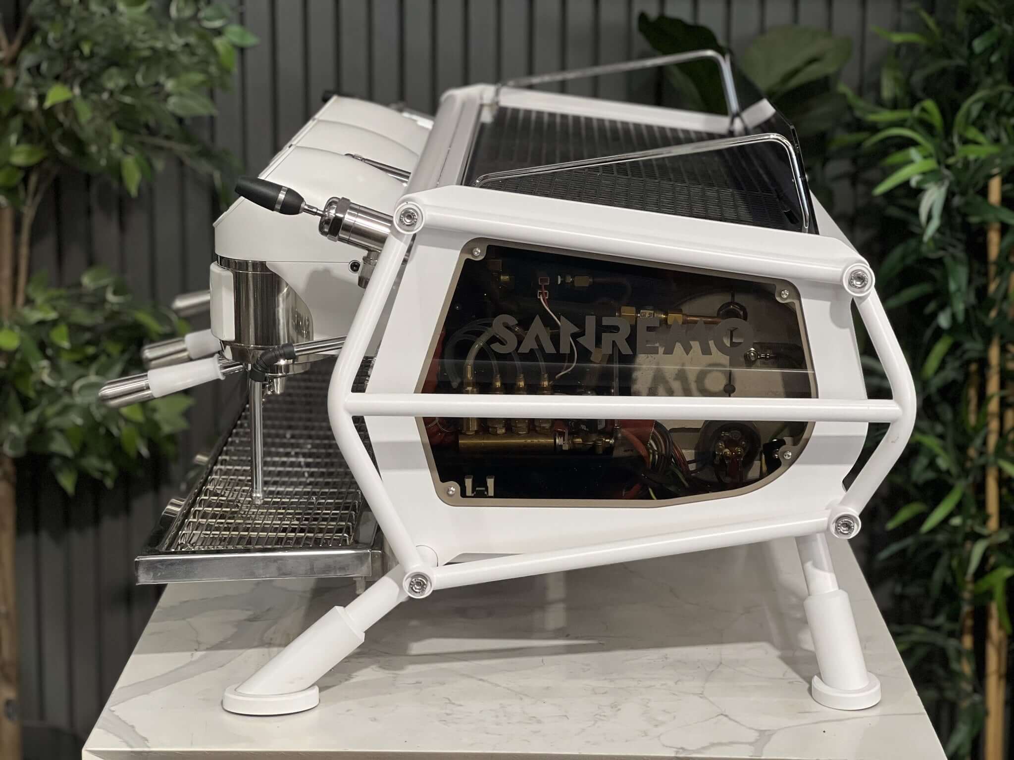 San Remo Cafe Racer 3 Group White /Naked Coffee Machine w/ White & Silver Pesado Handles