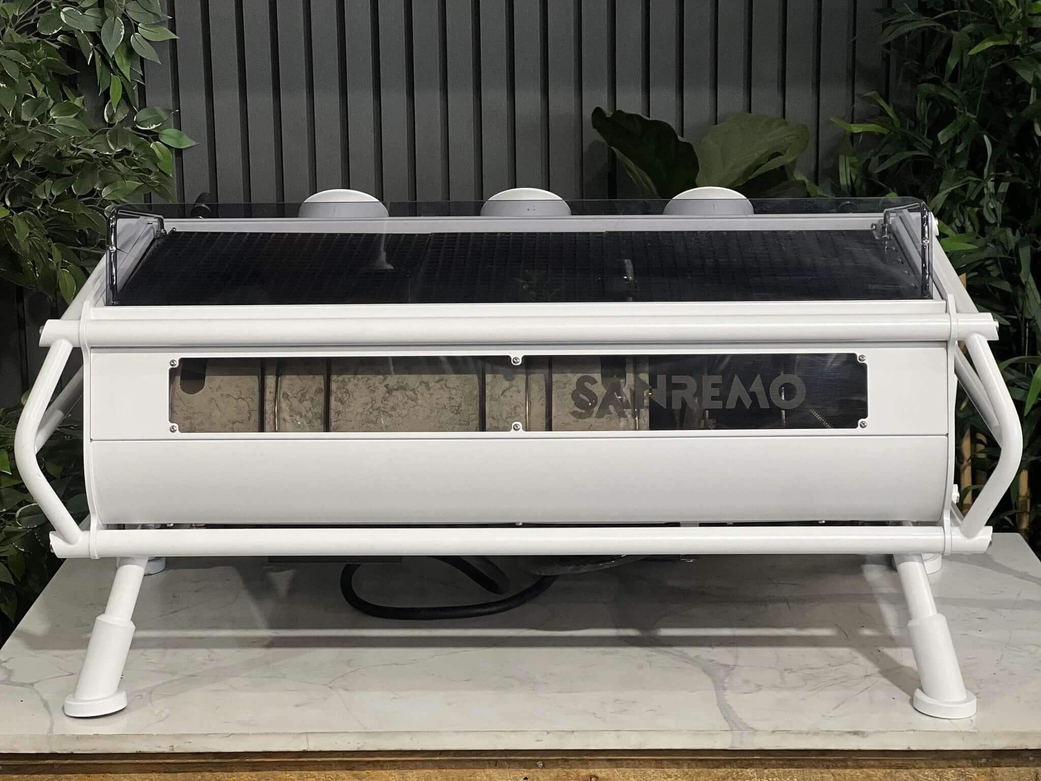 San Remo Cafe Racer 3 Group White /Naked Coffee Machine w/ White & Silver Pesado Handles