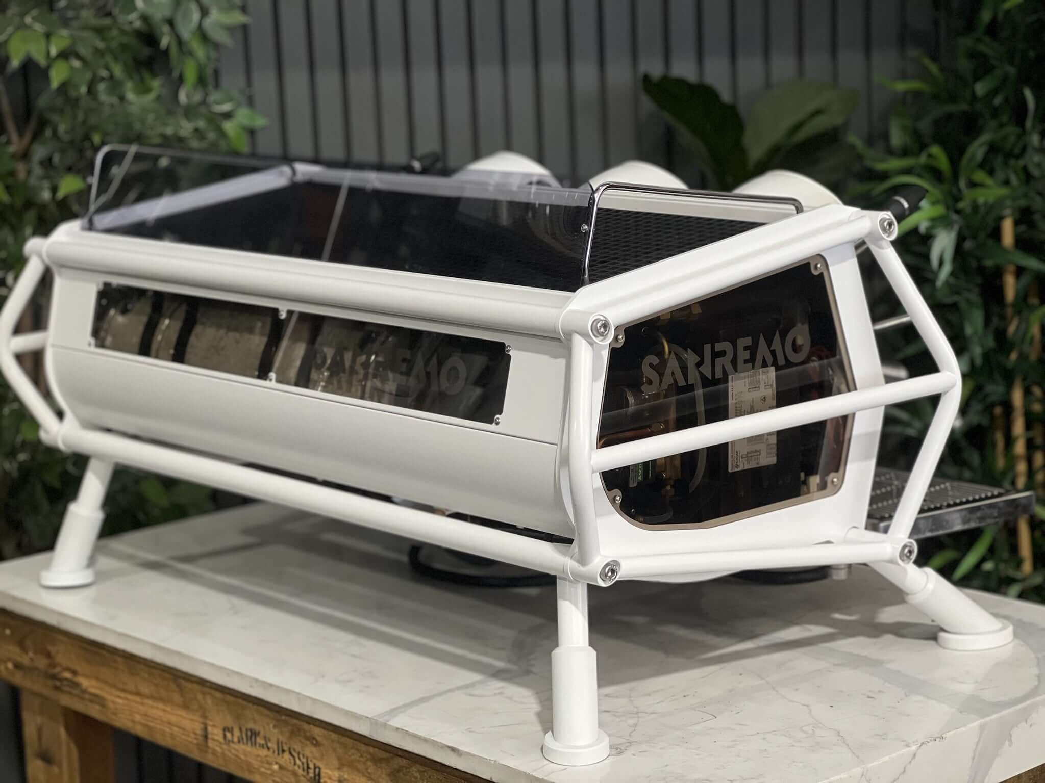 San Remo Cafe Racer 3 Group White /Naked Coffee Machine w/ White & Silver Pesado Handles