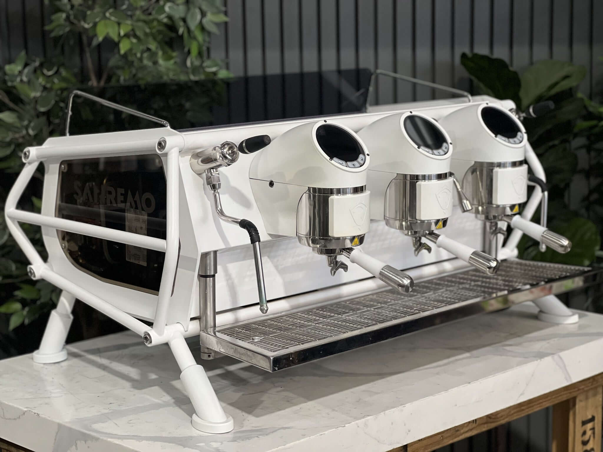 San Remo Cafe Racer 3 Group White /Naked Coffee Machine w/ White & Silver Pesado Handles