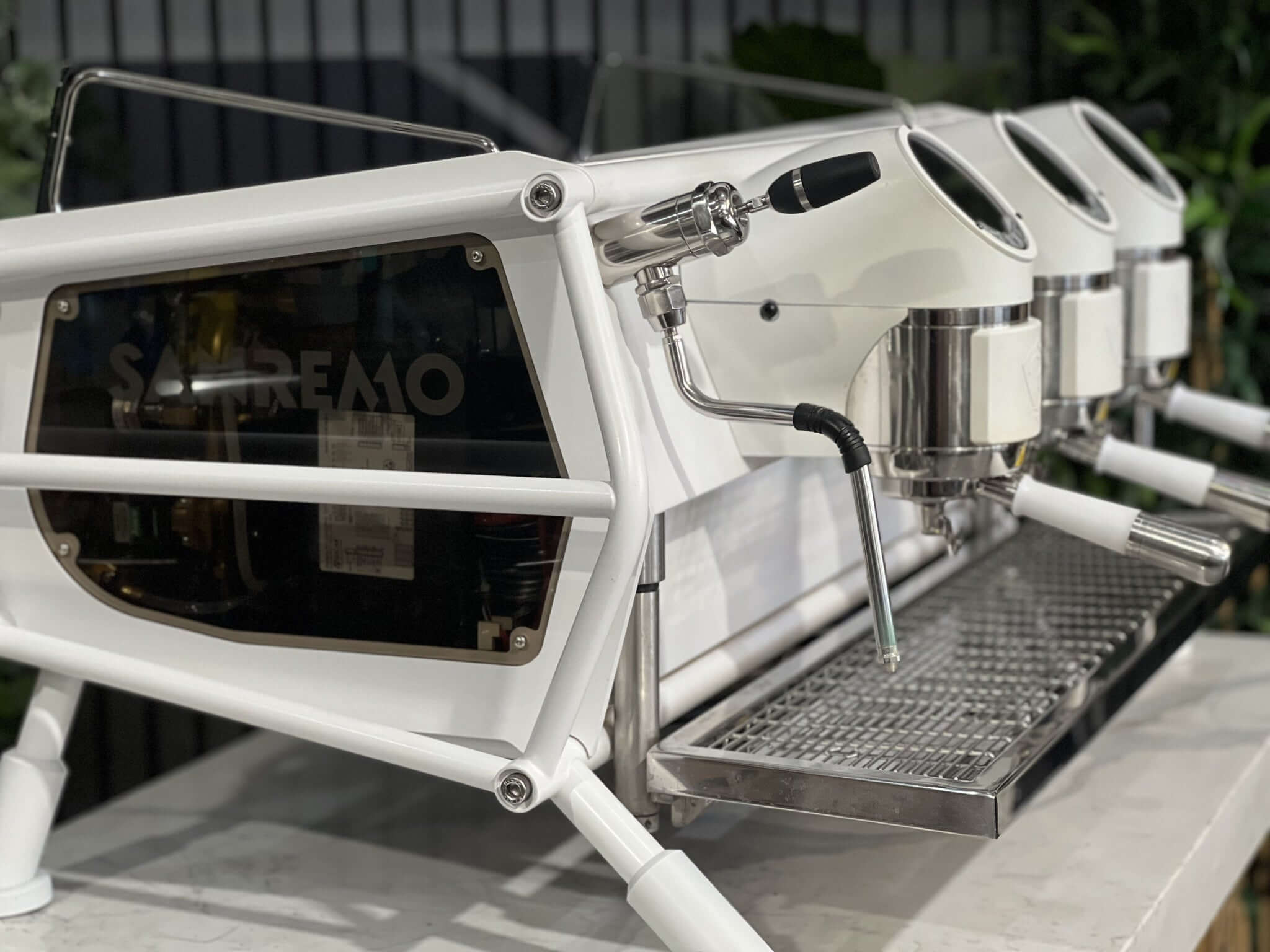 San Remo Cafe Racer 3 Group White /Naked Coffee Machine w/ White & Silver Pesado Handles