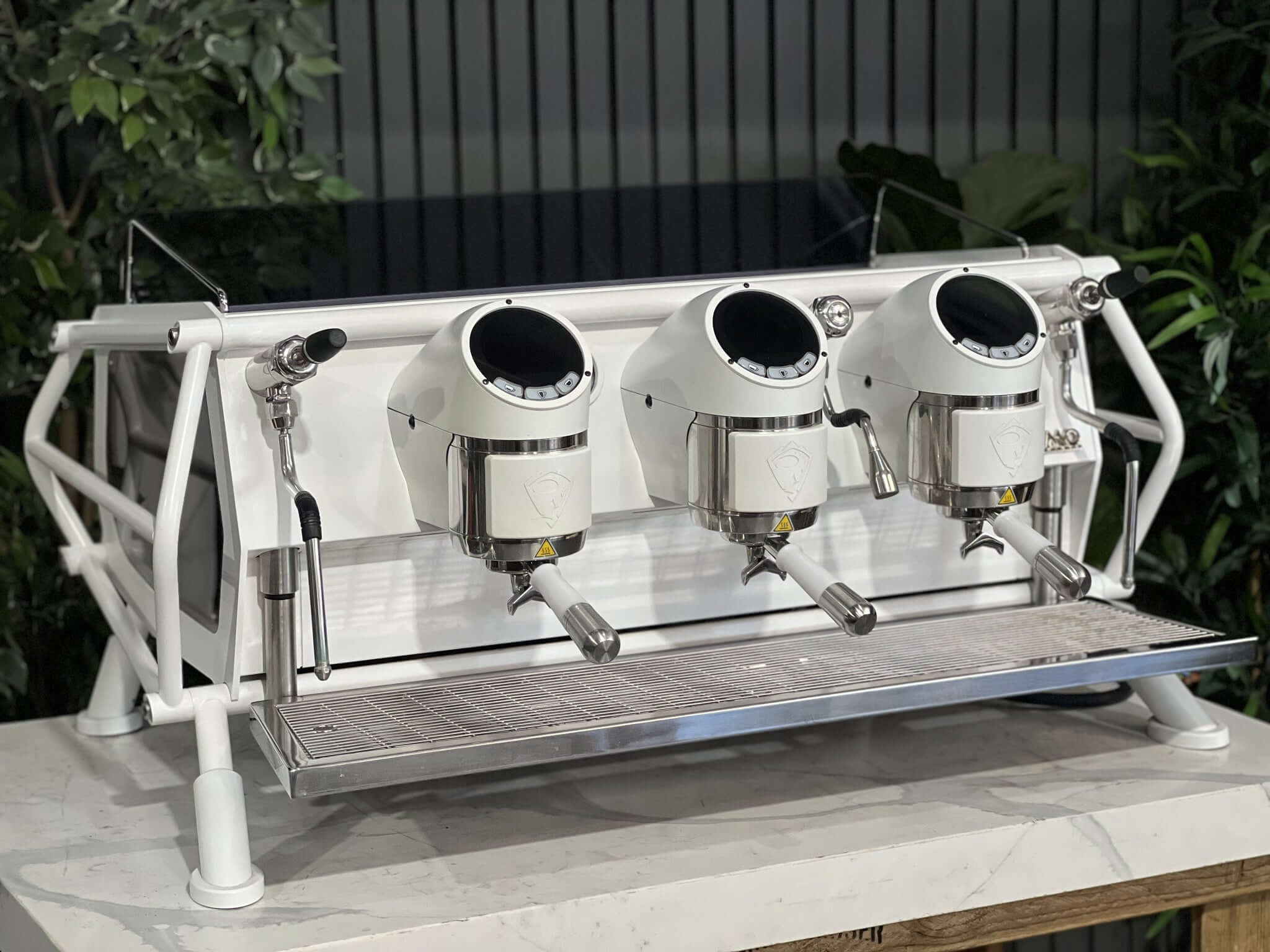 San Remo Cafe Racer 3 Group White /Naked Coffee Machine w/ White & Silver Pesado Handles