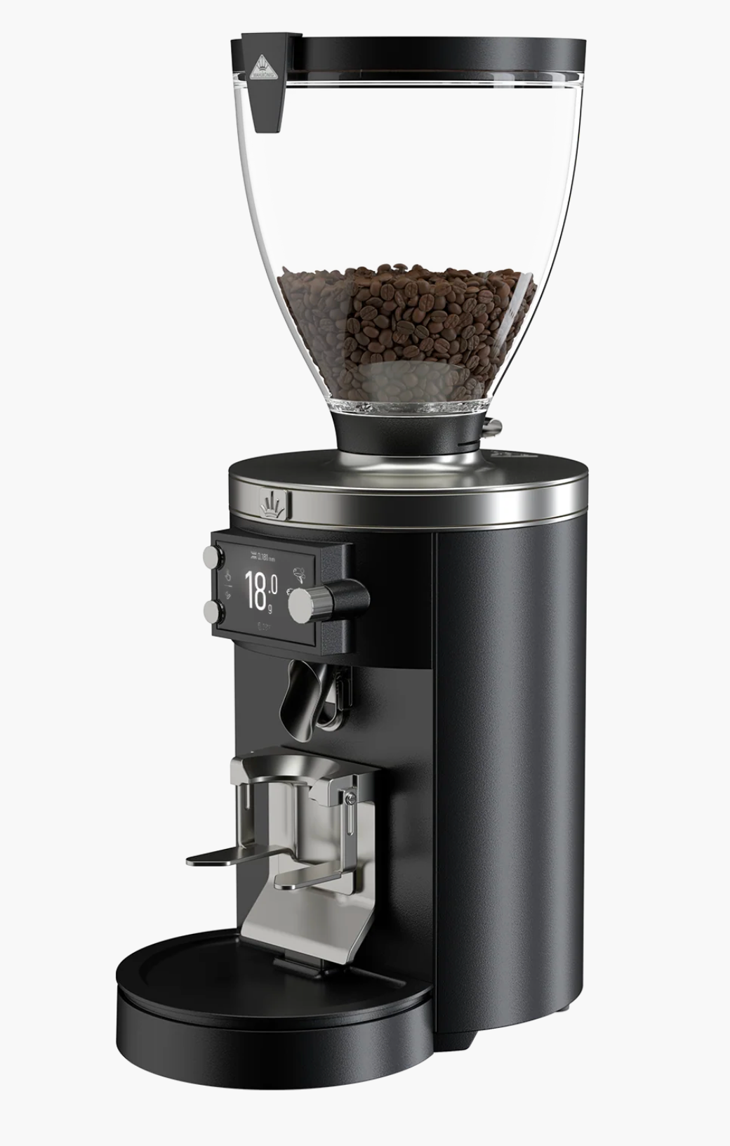 Mahlkönig E80W GBS Coffee Grinder-New black version with coffee beans in hopper.