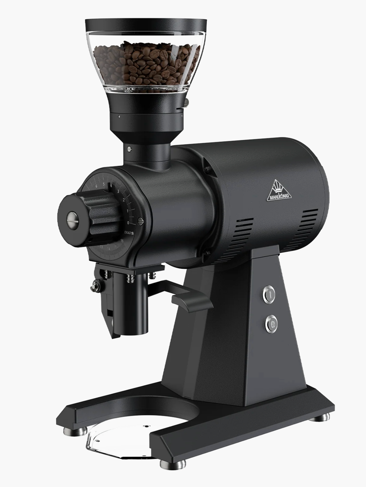 Mahlkönig EK43 S Espresso Coffee Grinder - New, sleek design with coffee beans in hopper, compact for cafés.