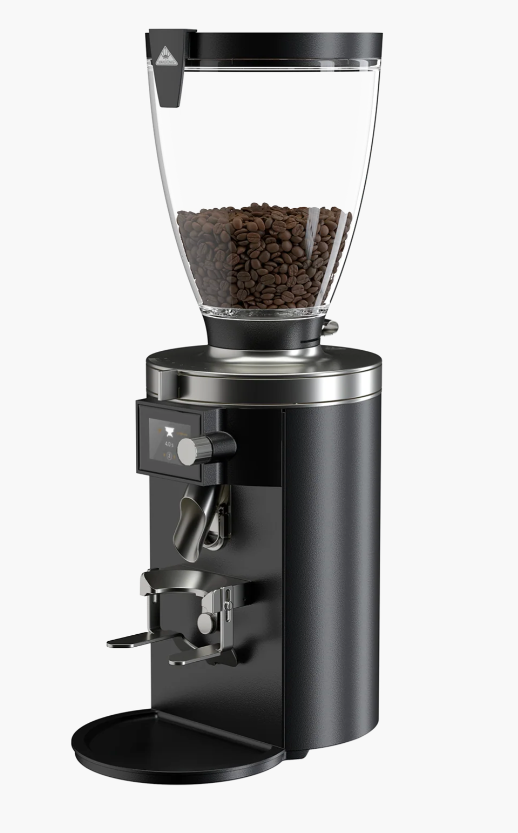 Mahlkönig E80W GBS Coffee Grinder-New in black with coffee beans in the hopper.