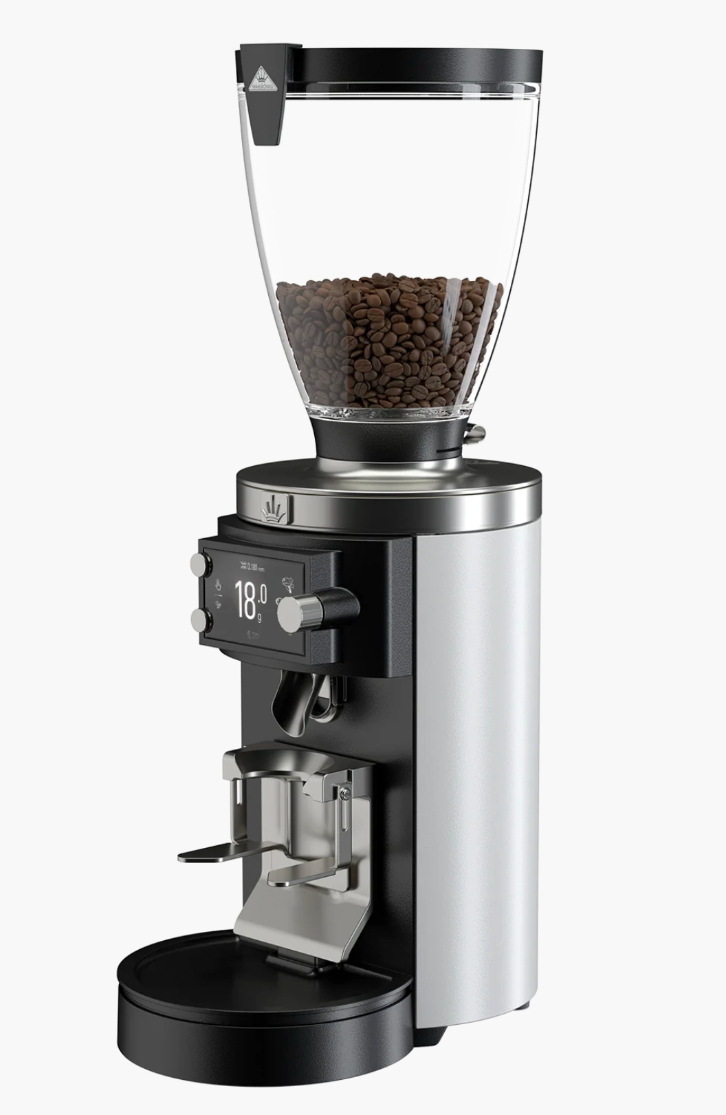 Mahlkönig E65W GBS Espresso Coffee Grinder White - New with coffee beans and sleek design.