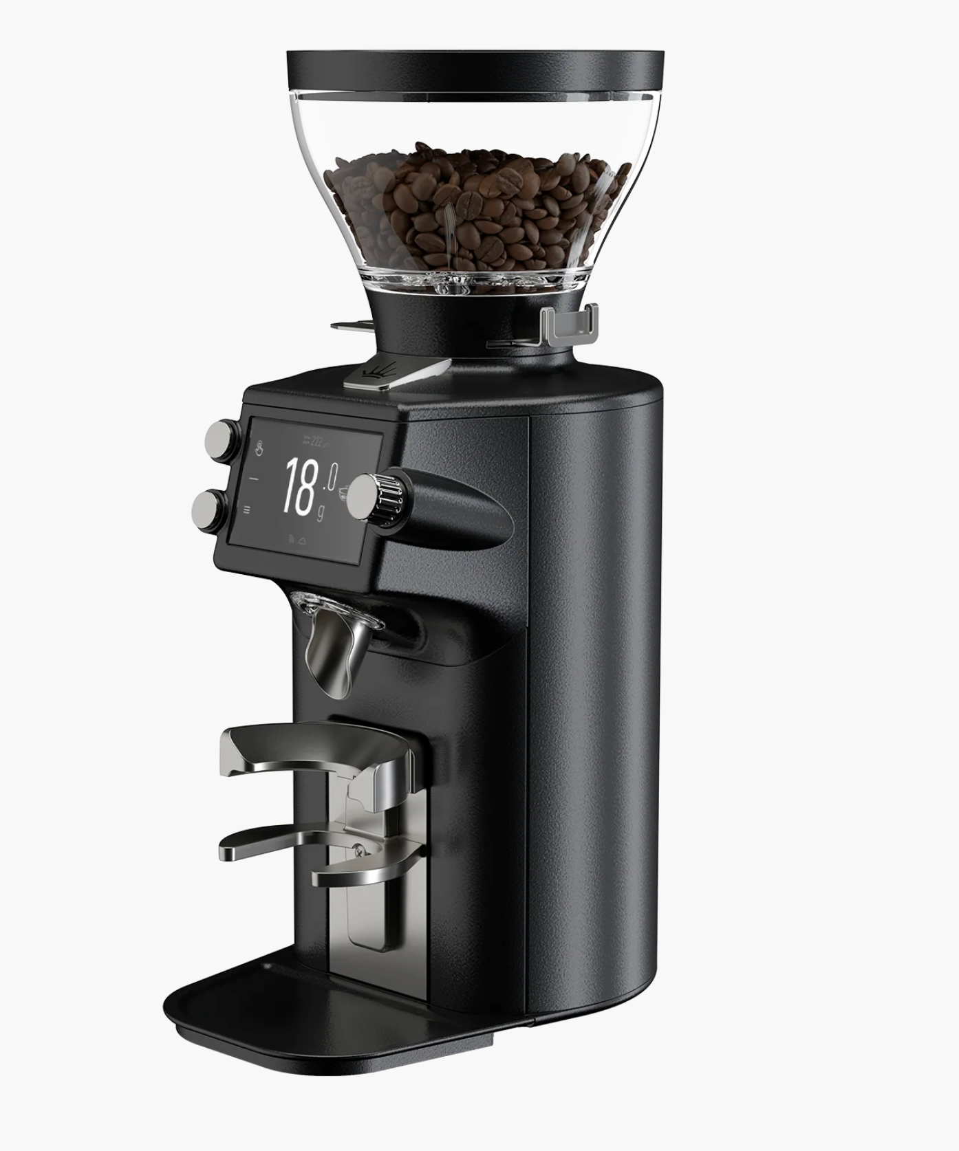 Mahlkönig E65 WS Espresso Coffee Grinder - New black design with coffee beans in hopper and digital display.