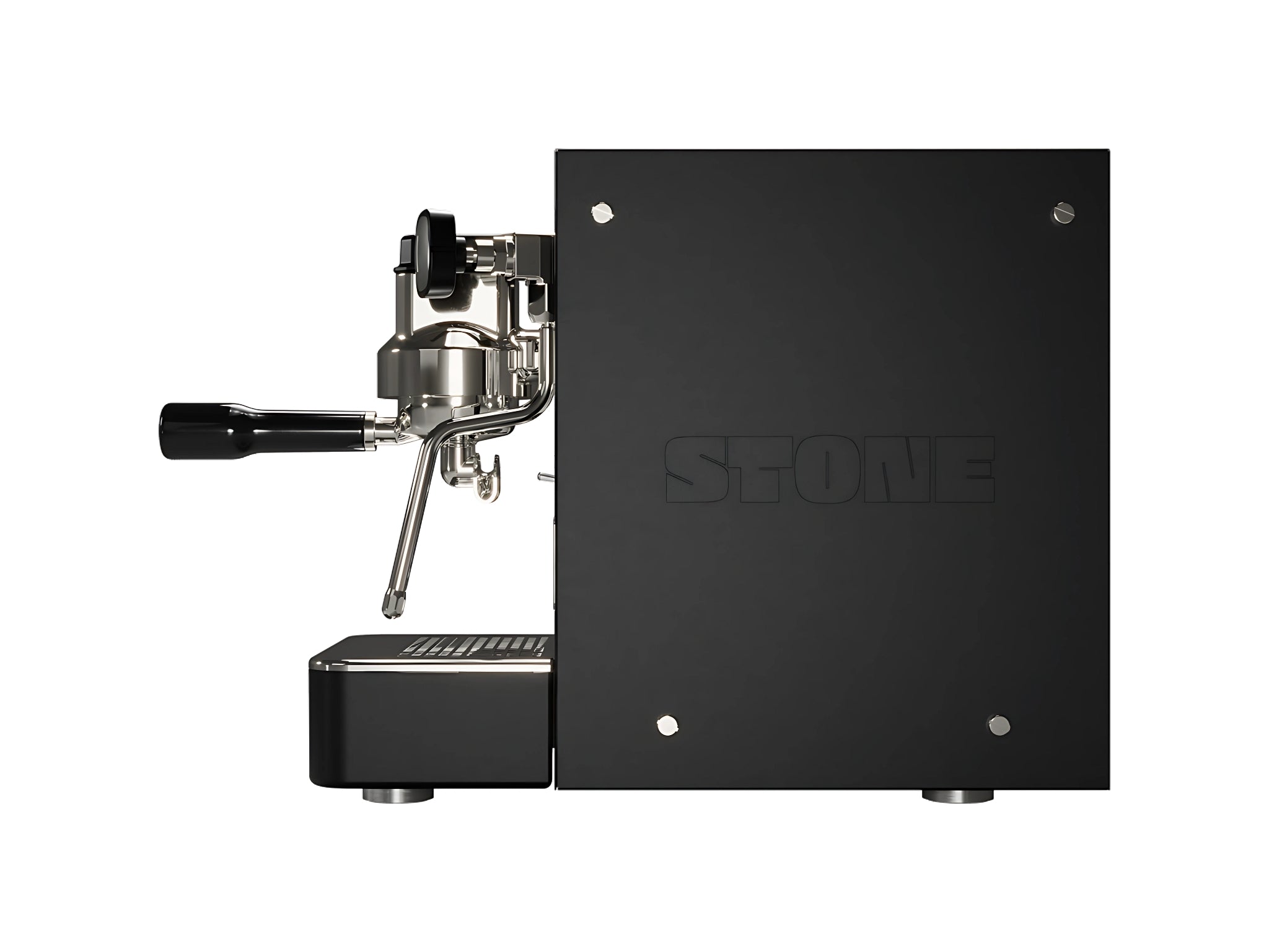 A new Stone Lite 1 Group Coffee Machine in Black on a white background. The machine is photographed from the side.