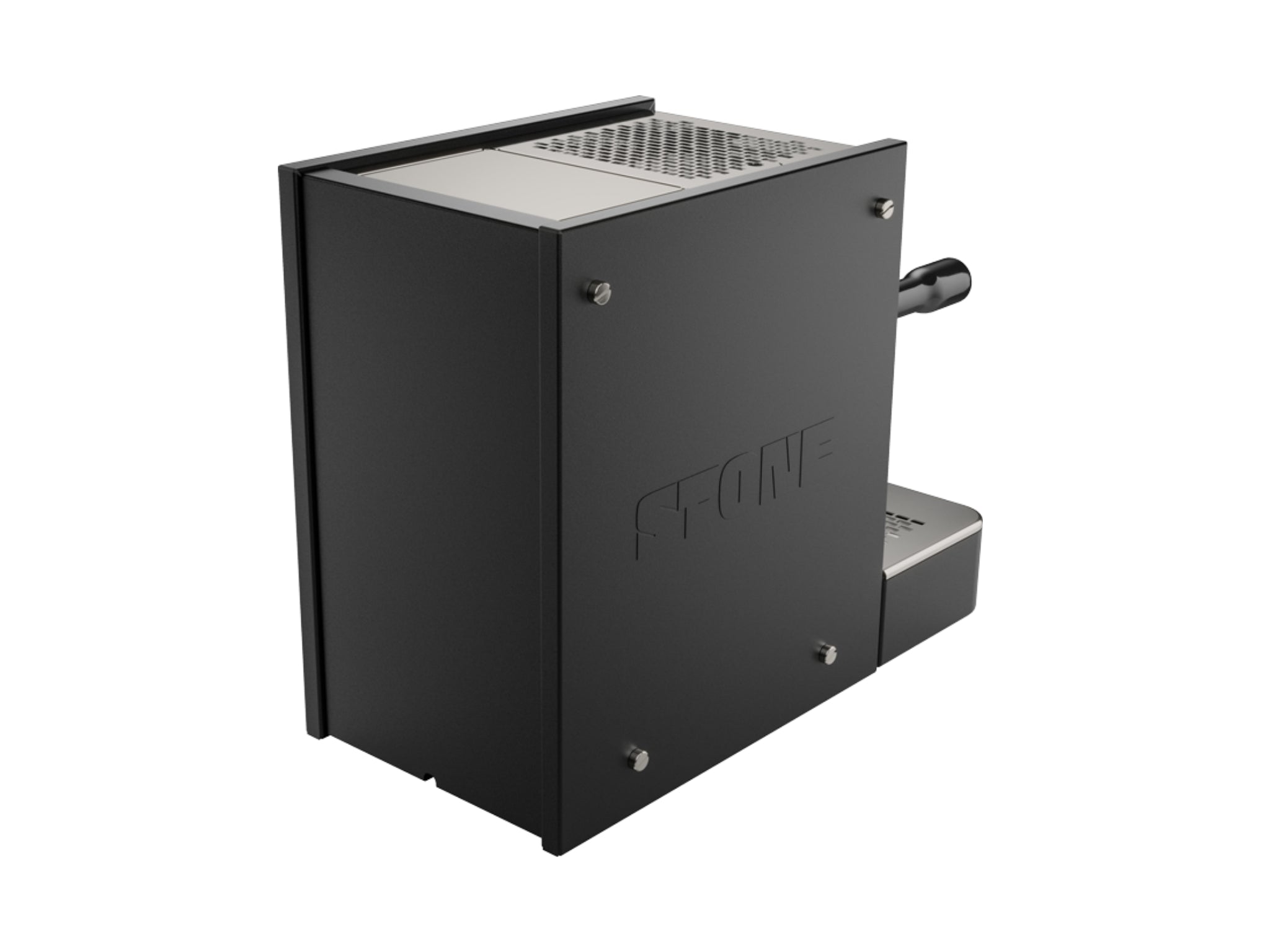 A new Stone Lite 1 Group Coffee Machine in Black on a white background. The machine is photographed from behind the machine and the back and side of the machine is visible.
