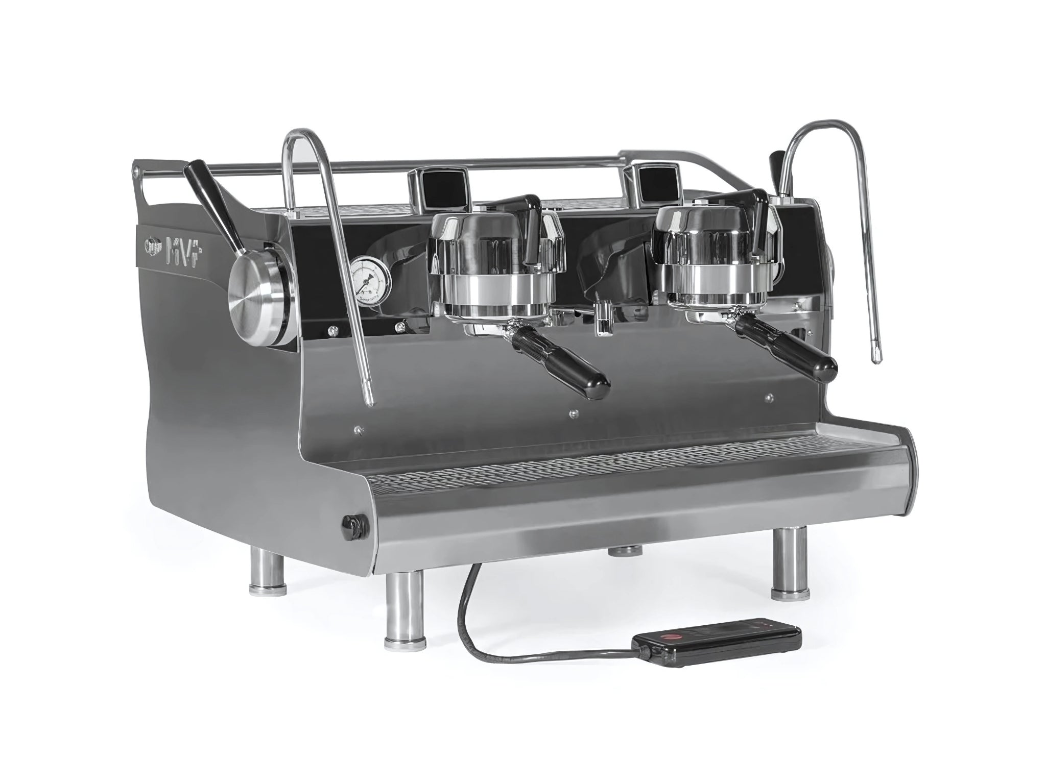 A new Synesso MVP 2 Group Coffee Machine with a Stainless finish on a white background. The machine is photographed on an angle facing the right the front and side of the machine is visible.