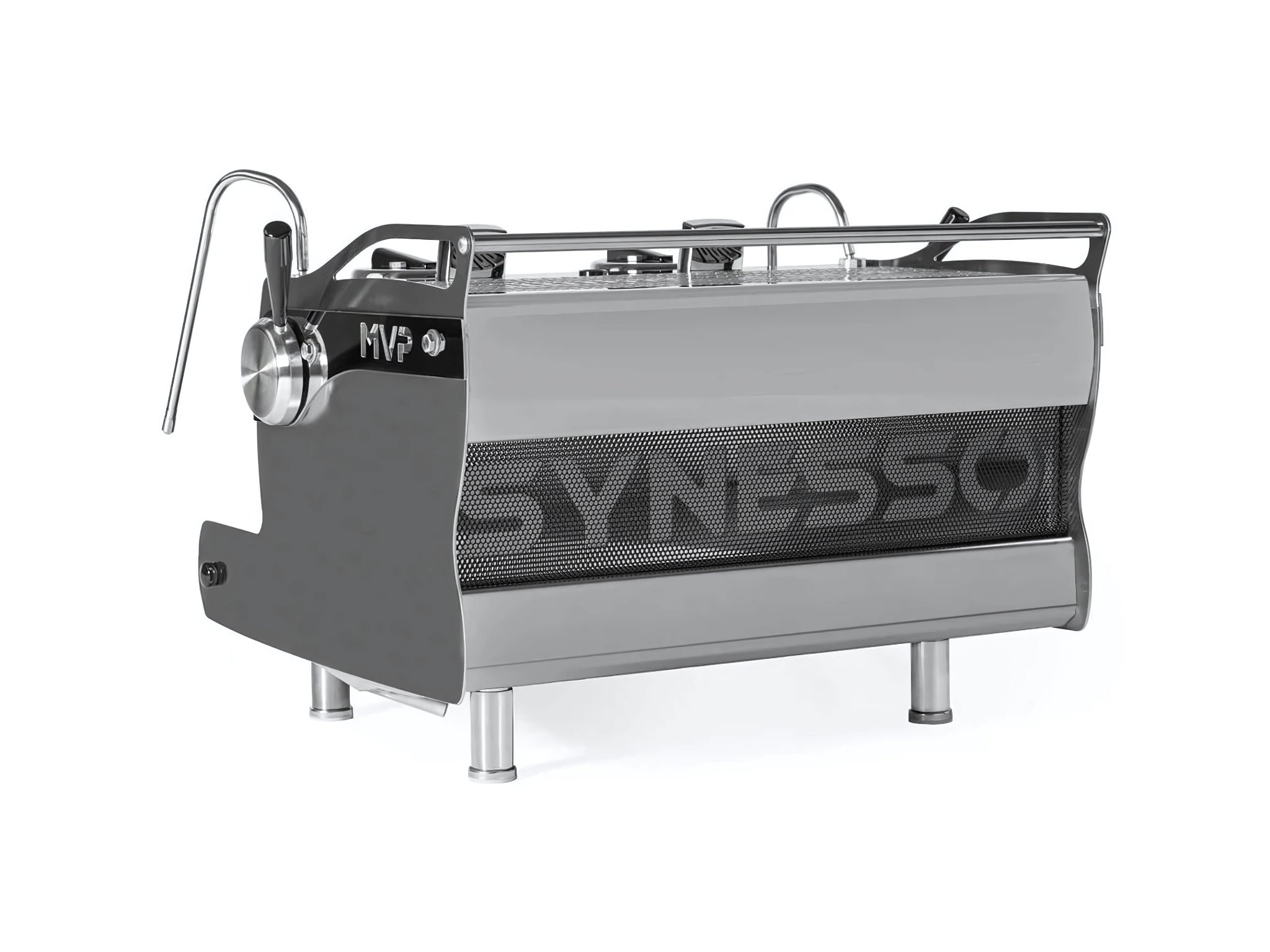 A new Synesso MVP 2 Group Coffee Machine with a Stainless finish on a white background. The machine is photographed from behind the machine and the back and side of the machine is visible.