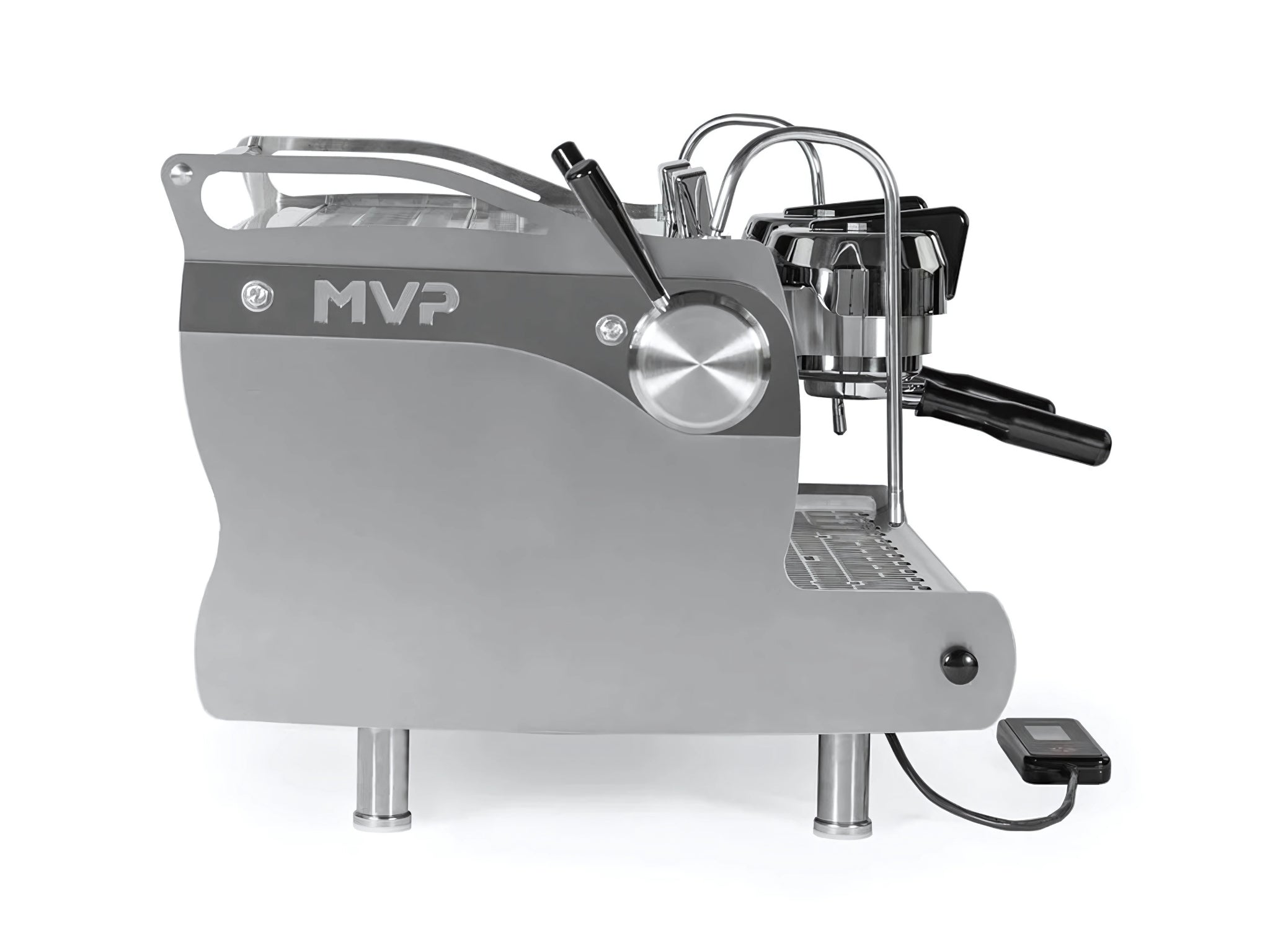 A new Synesso MVP 2 Group Coffee Machine with a Stainless finish  on a white background. The machine is photographed from the side.