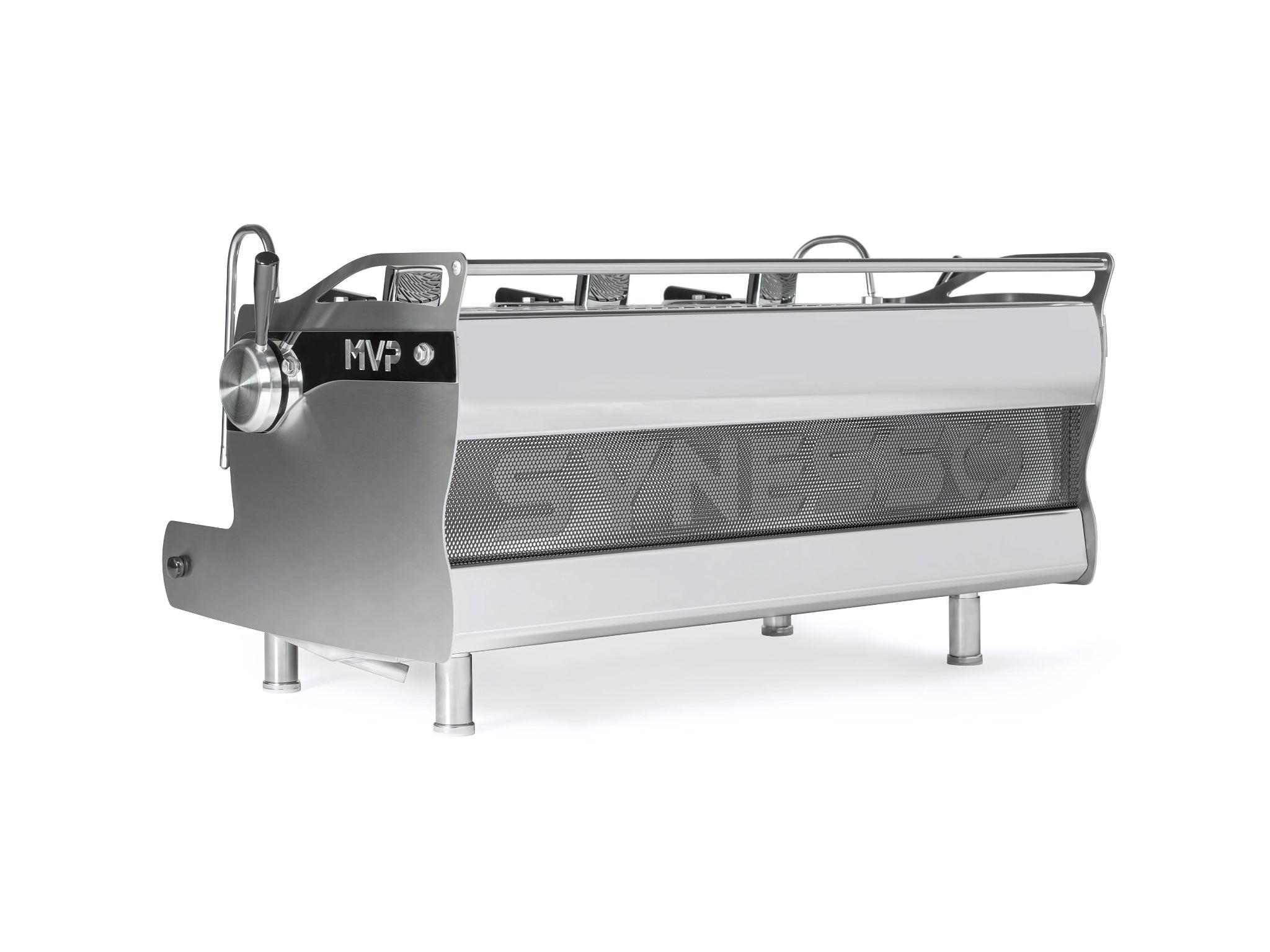 A new Synesso MVP 3 Group Espresso Coffee Machine in Stainless steel  on a white background. The machine is photographed from behind the machine and the back and side of the machine is visible.