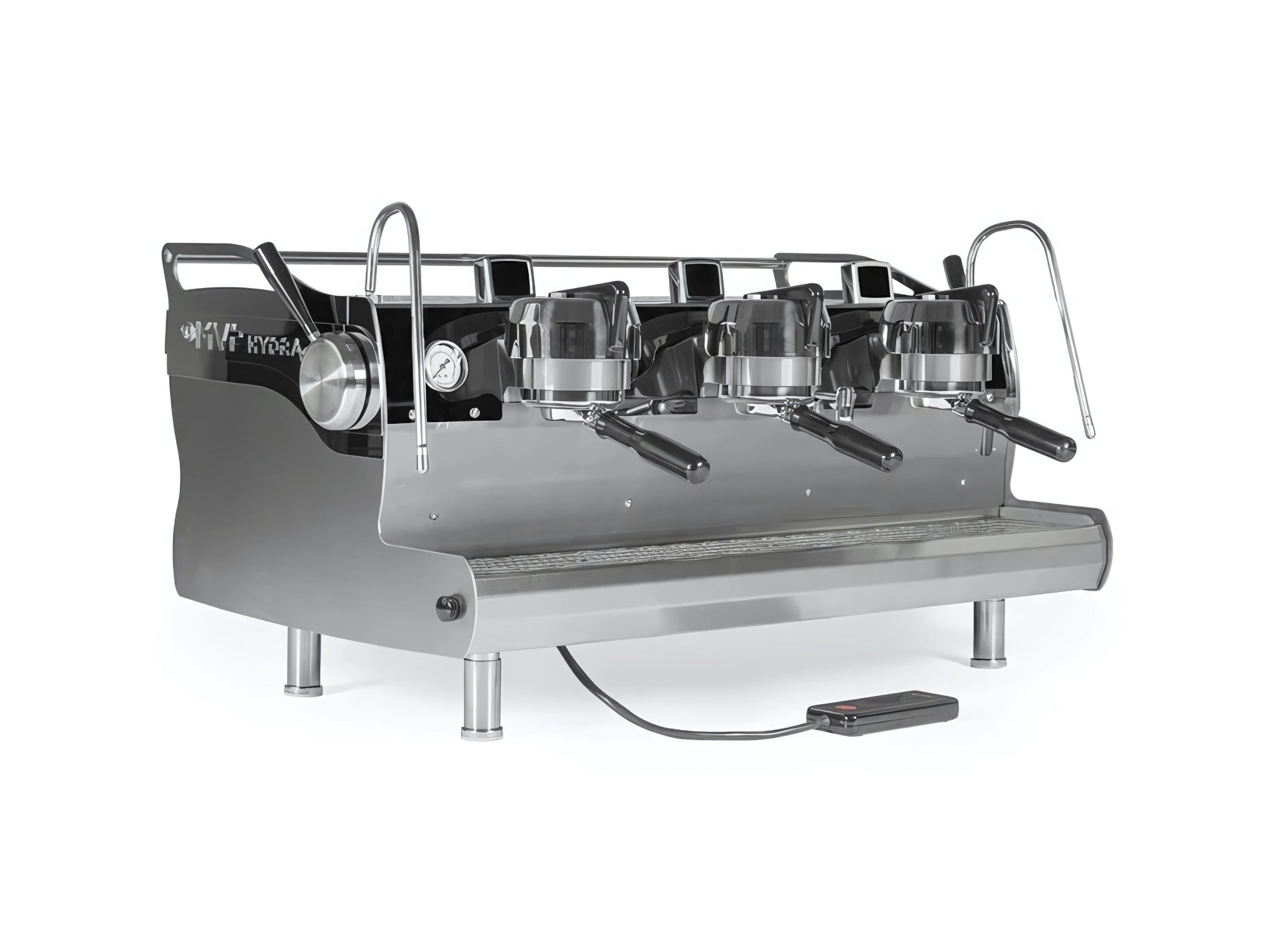 A new Synesso MVP Hydra 3 Group Coffee Machine with Stainless finish
on a white background. The machine is photographed on an angle and the front and side of the machine is visible.
