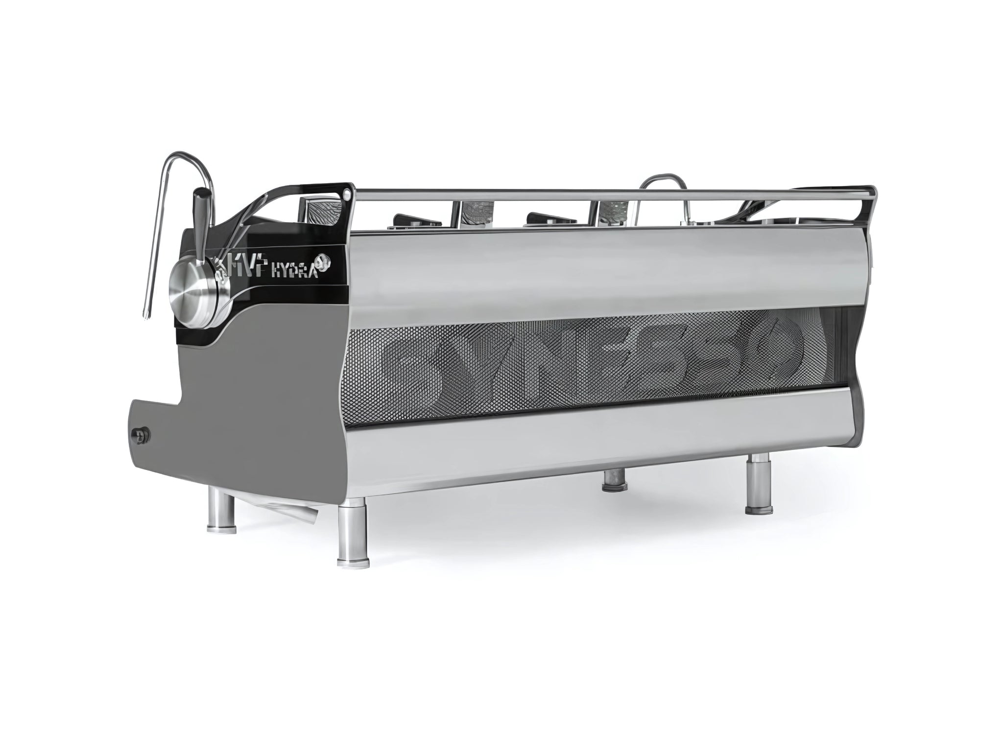 A new Synesso MVP Hydra 3 Group Coffee Machine with Stainless finish on a white background. The machine is photographed from behind the machine and the back and side of the machine is visible.