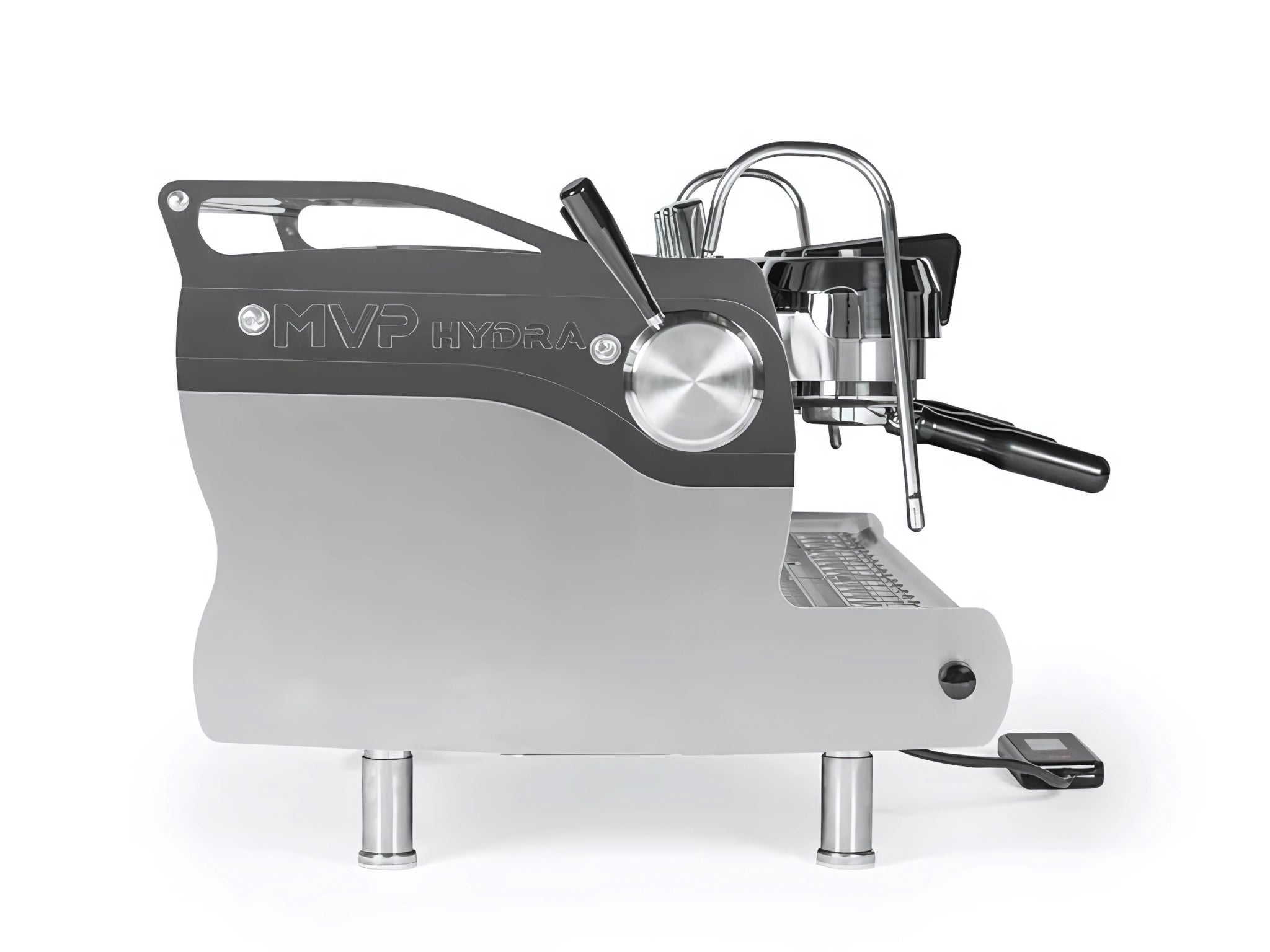 A new Synesso MVP Hydra 3 Group Coffee Machine with Stainless finish on a white background. The machine is photographed from the side.