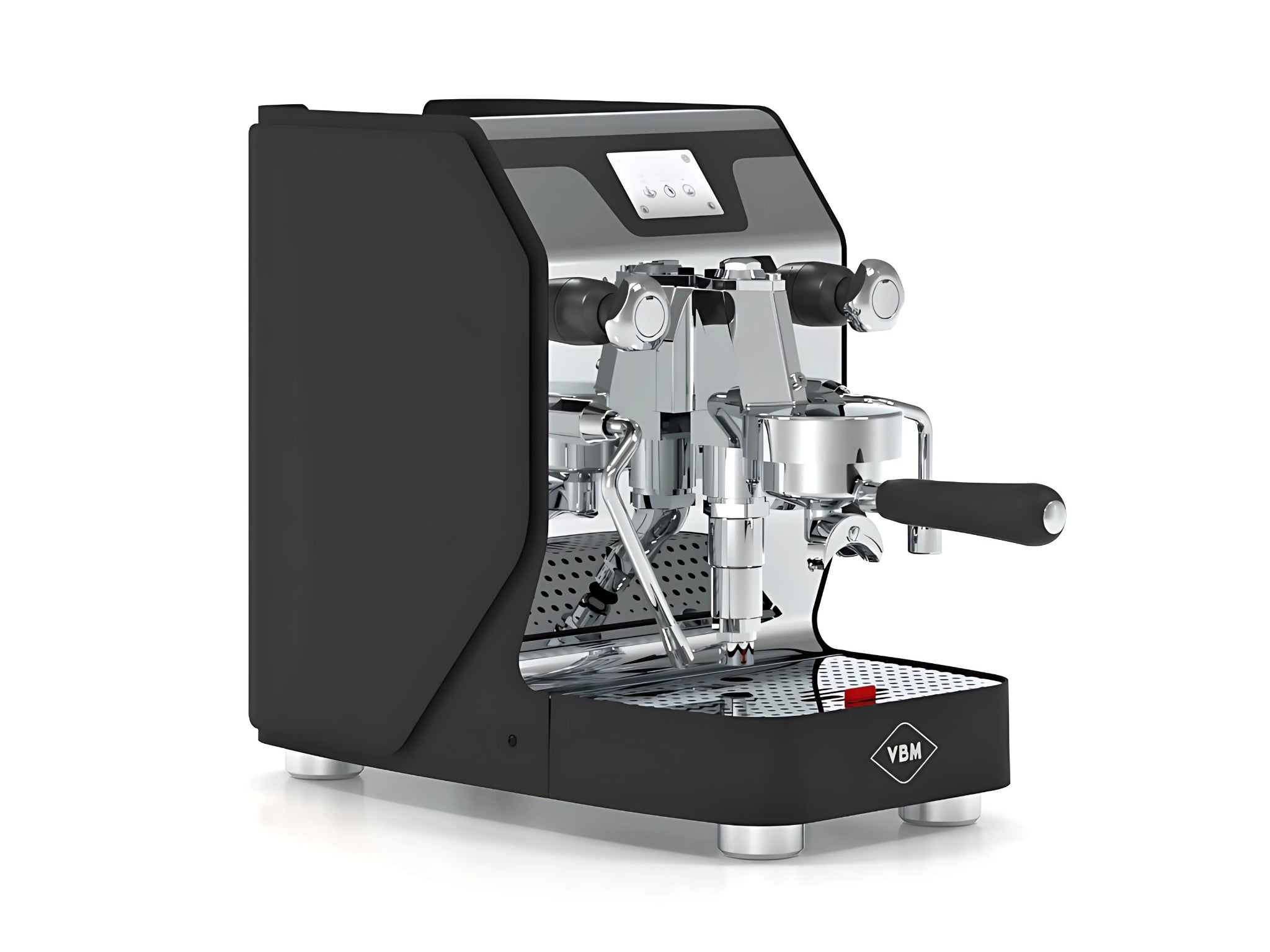A new Vibiemme Domobar Super Digital 1 Group Coffee Machine in Black on a white background. The machine is photographed on an angle facing the right the front and side of the machine is visible.