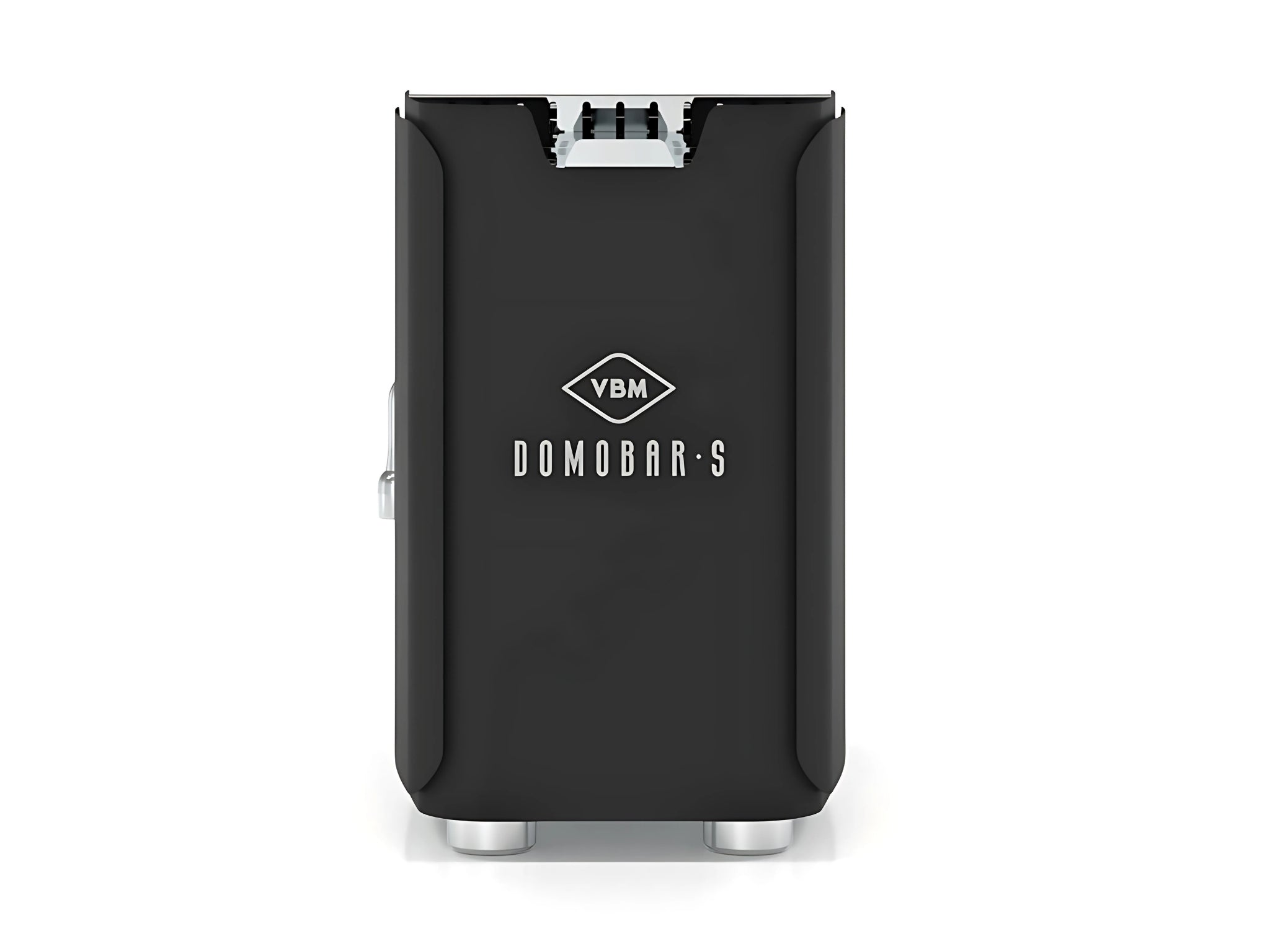 A new Vibiemme Domobar Super Digital 1 Group Coffee Machine in Black on a white background. The machine is photographed from behind, the back panel of the machine is visible with the logo.