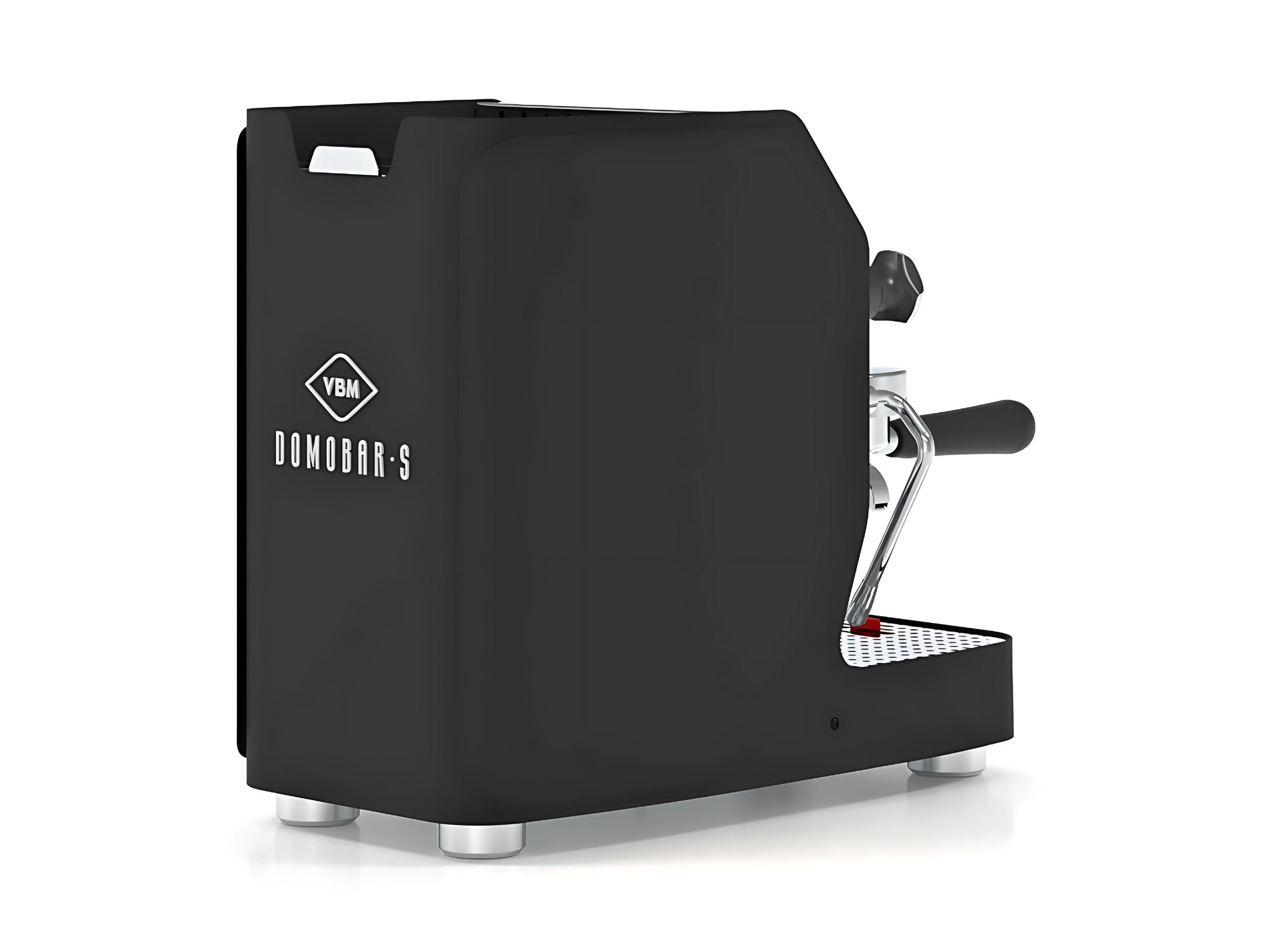 A new Vibiemme Domobar Super Digital 1 Group Coffee Machine in Black on a white background. The machine is photographed from behind the machine and the back and side of the machine is visible. The panels are black and the logo is on the back of the machine.