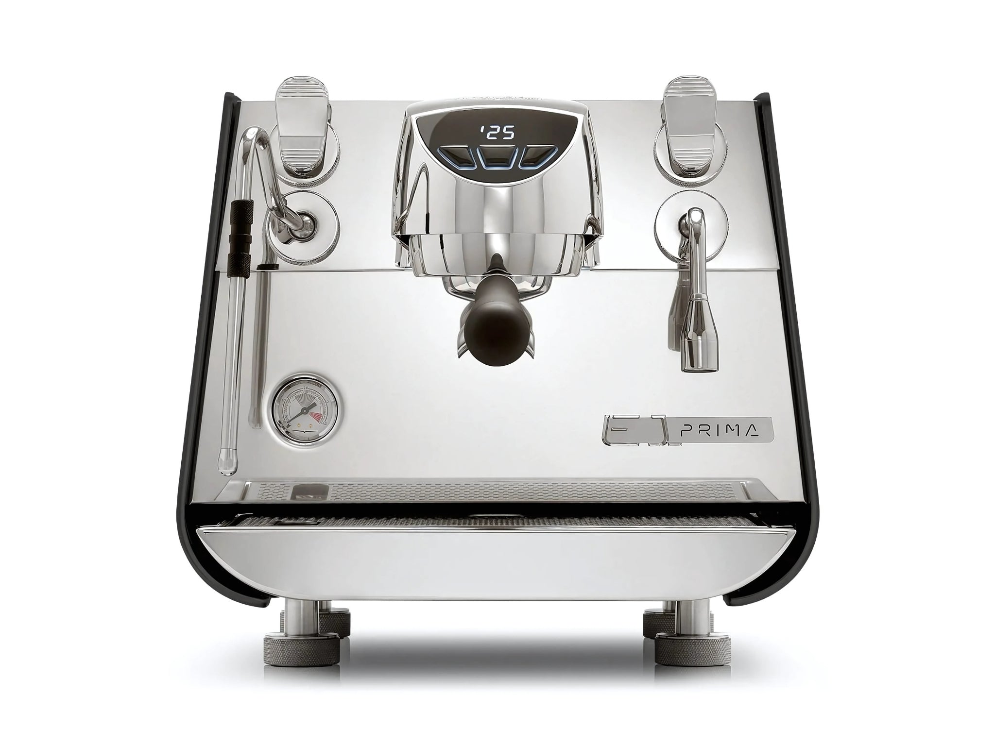 A new Victoria Arduino Eagle One Prima 1 Group Espresso Coffee Machine in Black on a white background. The machine is photographed front making the controls and group heads visible.