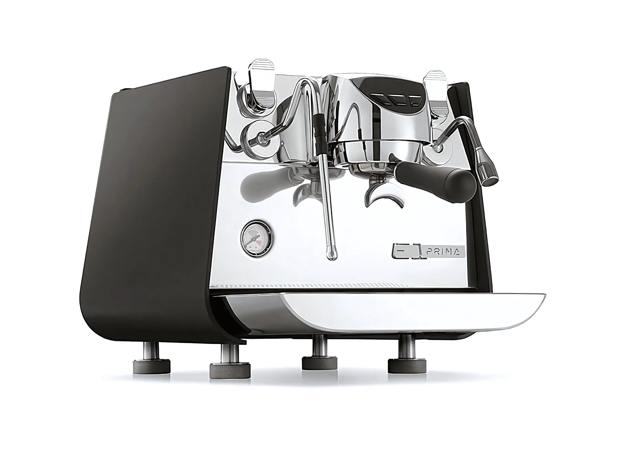 A new Victoria Arduino Eagle One Prima 1 Group Espresso Coffee Machine in Black on a white background. The machine is photographed on an angle facing the right the front and side of the machine is visible